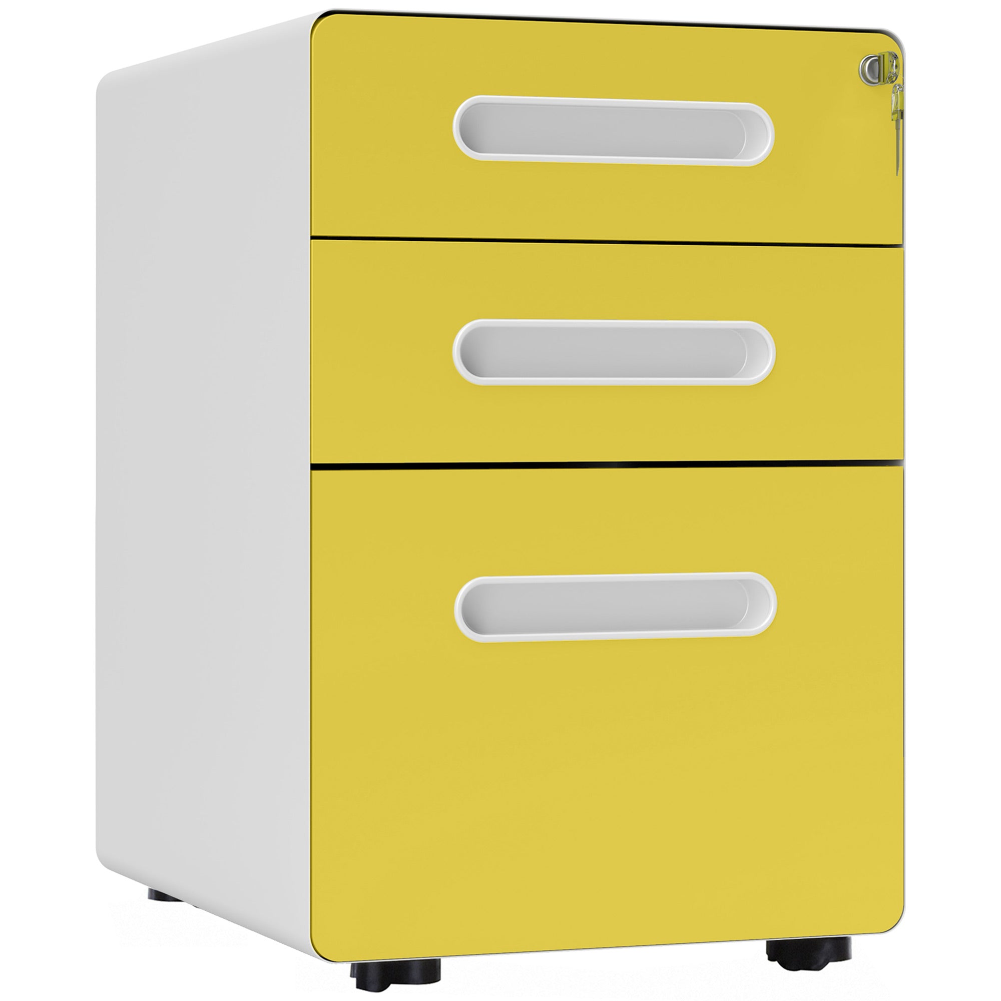 3 Drawer Filing Cabinet, Steel Lockable File Cabinet with Lock and Wheels, for A4, Letter, Legal Sized Files, Yellow