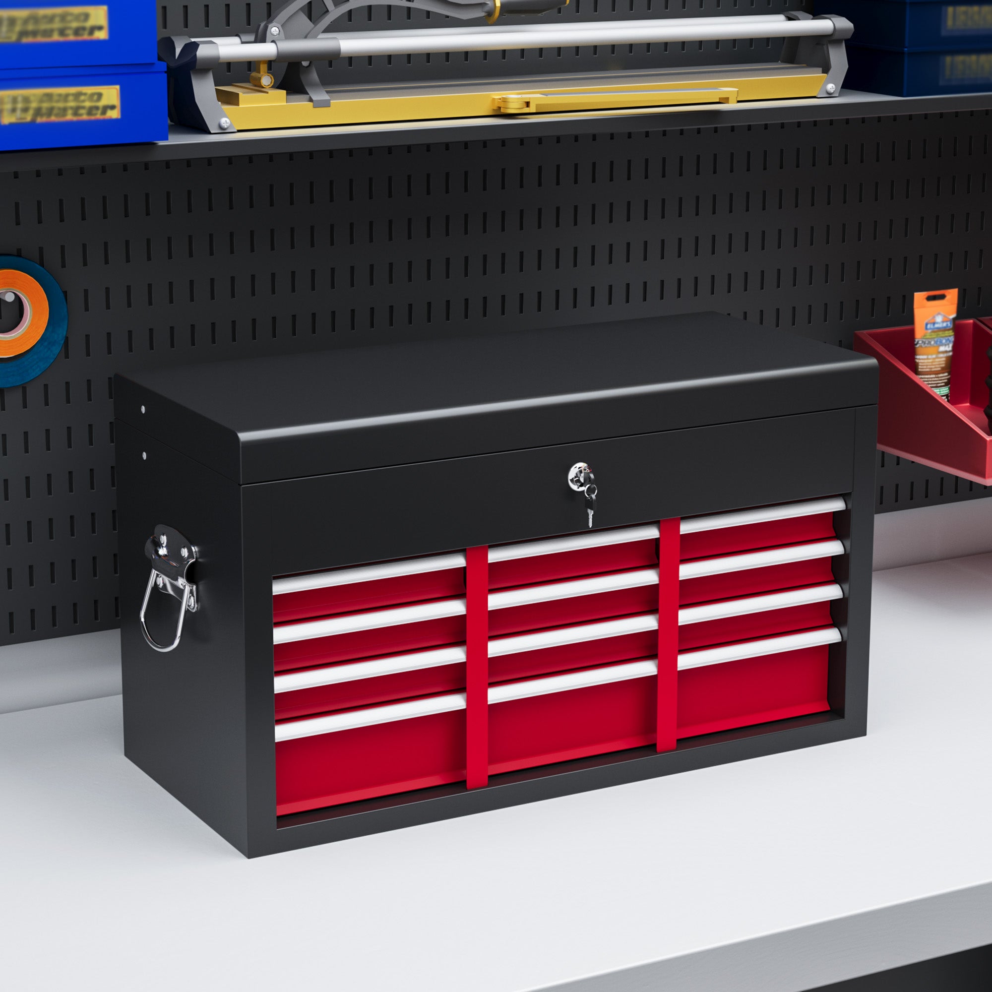 Six Drawer Steel Tool Storage Chest with Lock and Keys - Red