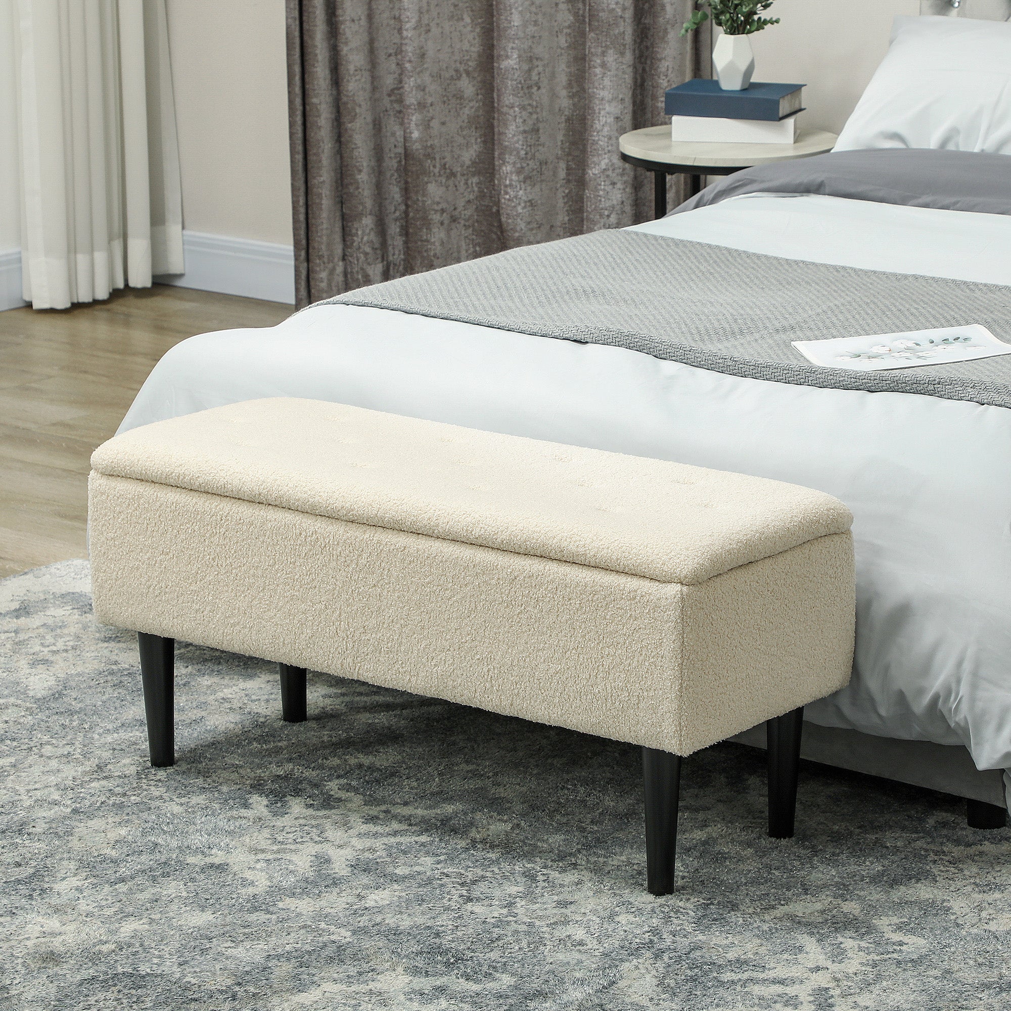 47L Teddy Fleece Storage Ottoman with Padded Seat - Cream