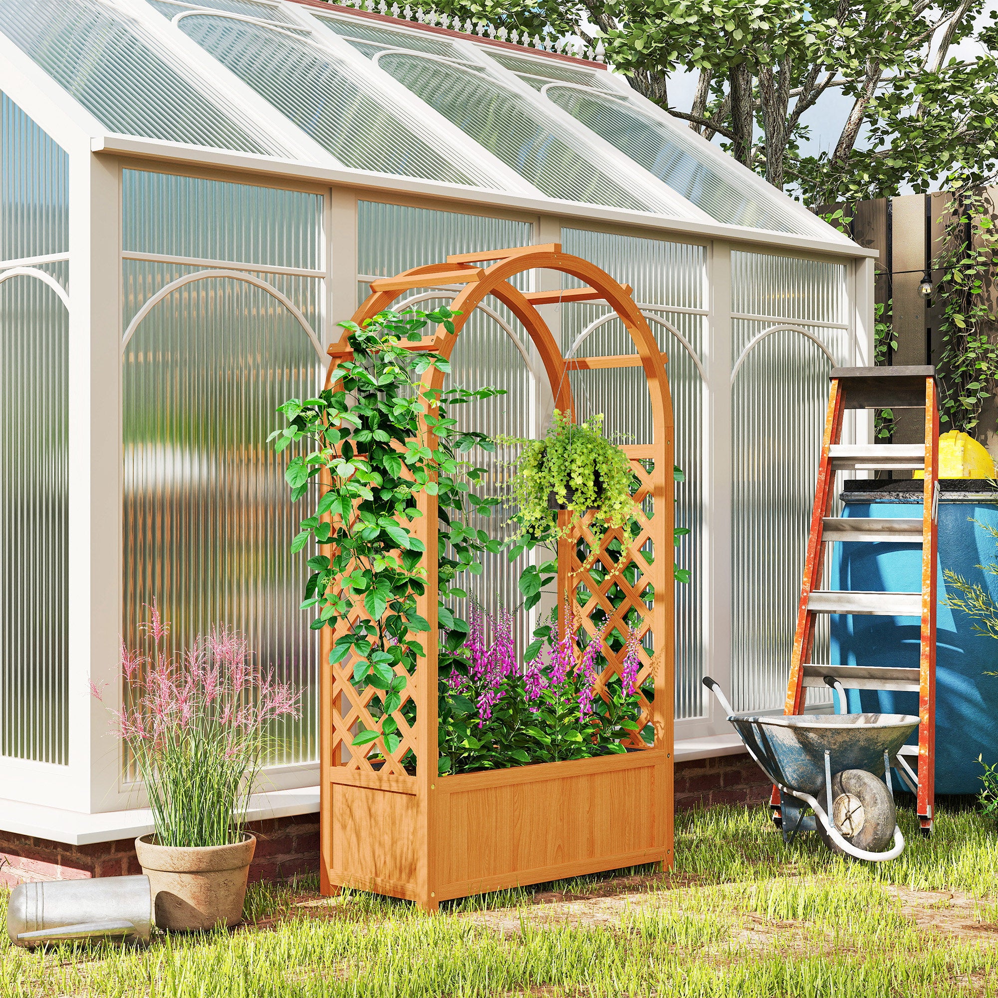 Wooden Raised Garden Bed with Trellis and Liner - Natural Fir Wood