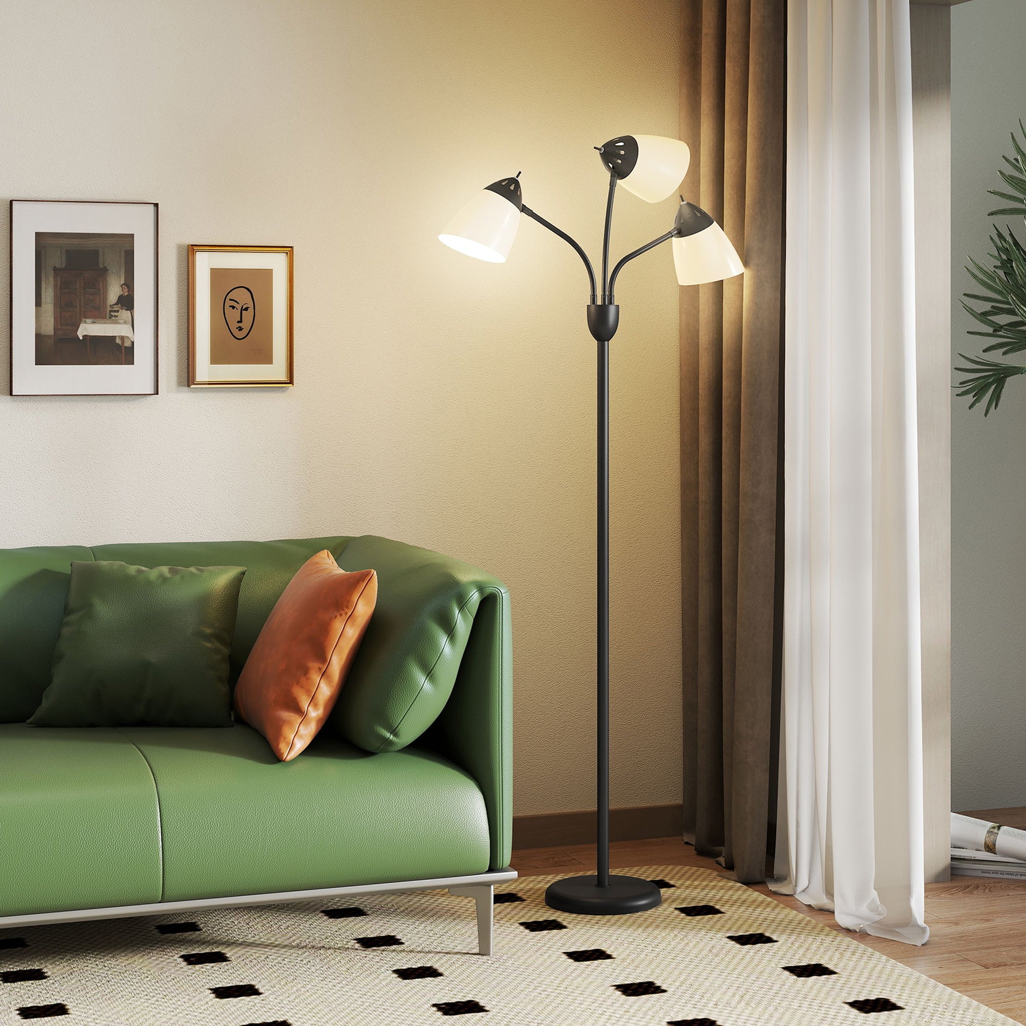 Arc Tree Floor Lamp with 3 Adjustable Rotating Lights and 3000K/4500K/6500K Colour Temperatures, Industrial Standing Lamp with Steel Frame for Bedroom Living Room, 155cm, Black