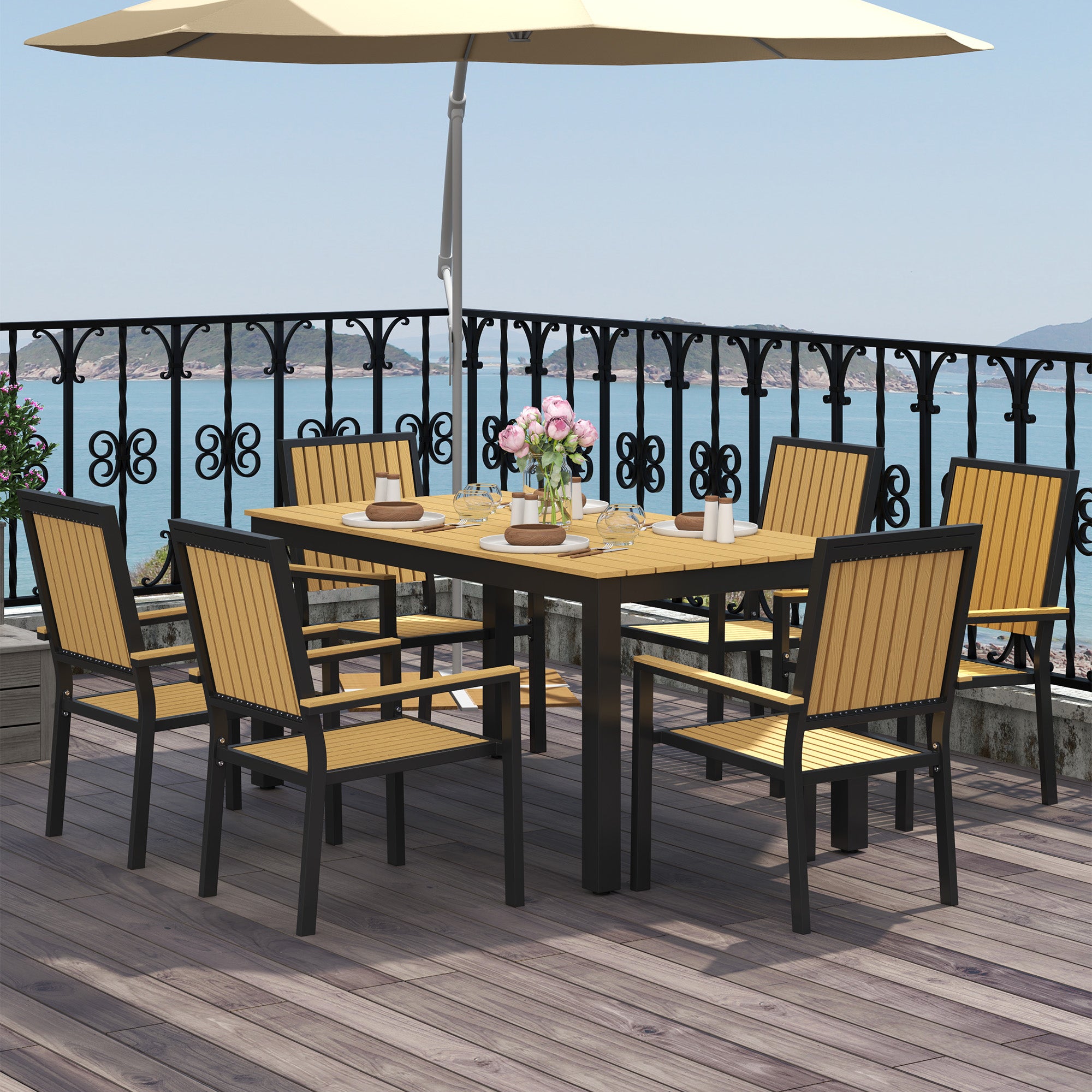6 Seater Garden Dining Set with Stackable Chairs and Weather-Resistant Wood Plastic Tabletop - Nature Wood Finish