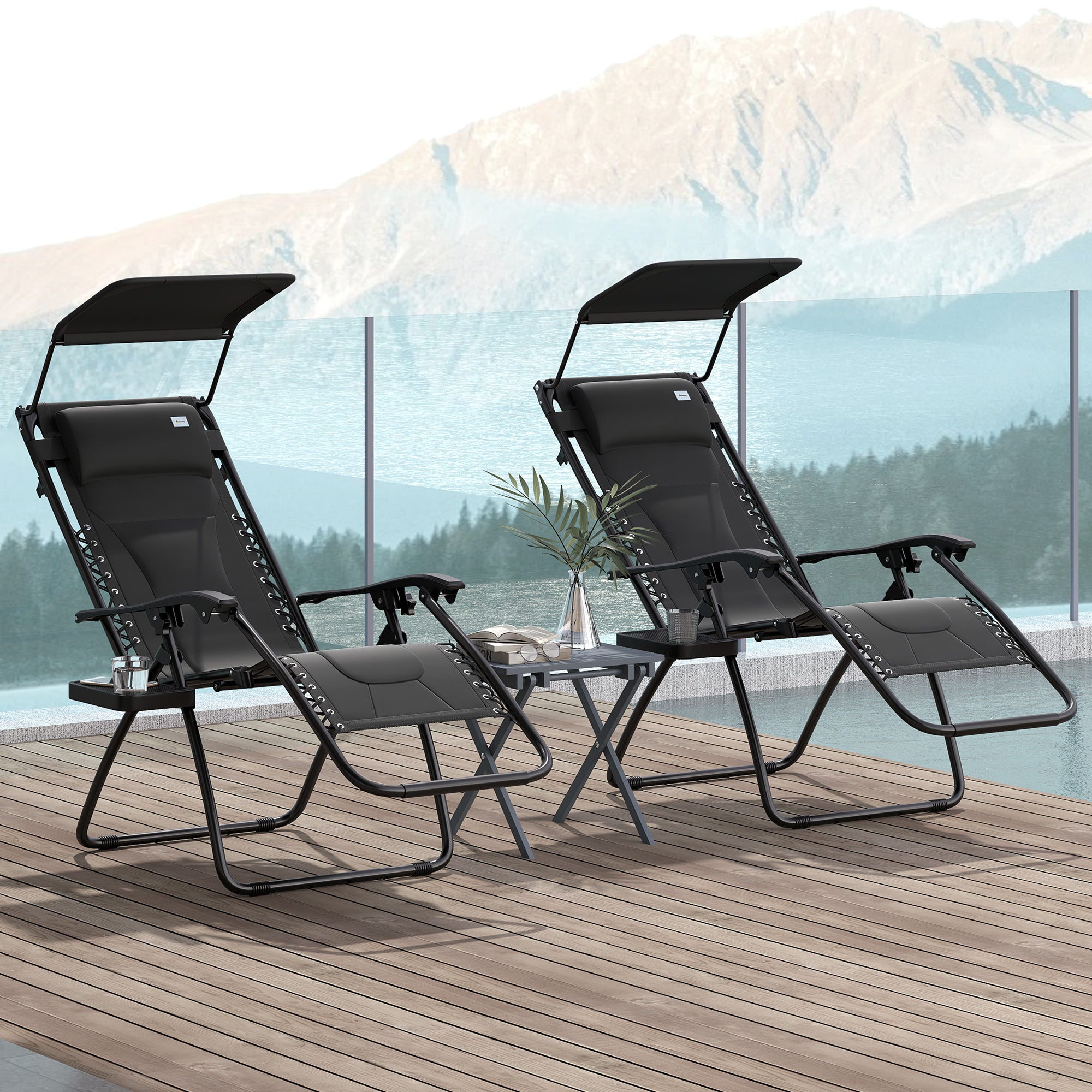Set of 2 Zero Gravity Lounger Chairs with Padded Seat, Shade Cover & Tray - Black
