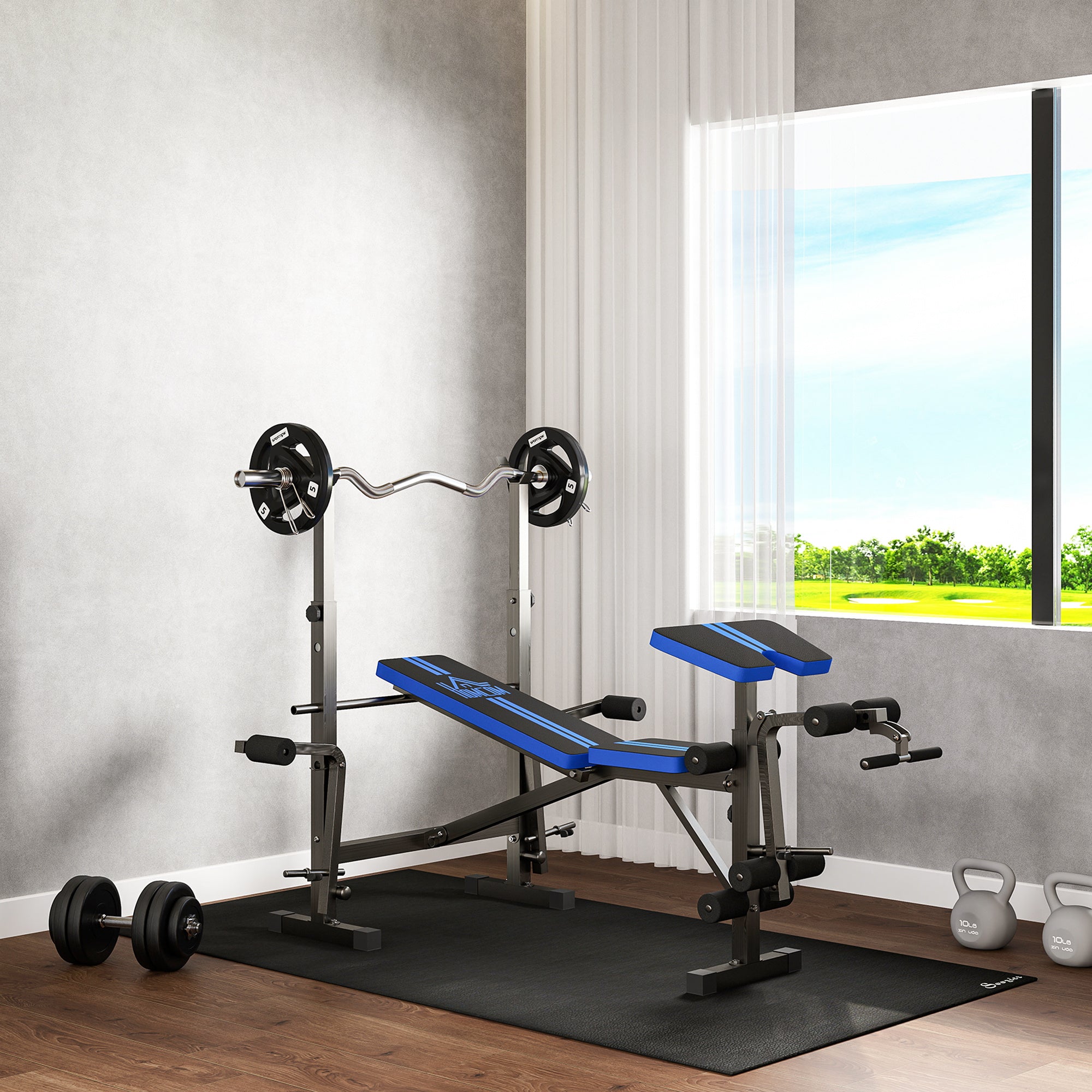 Adjustable Weight Bench with Leg Extension, Barbell Rack, Preacher Curl Pad, Butterfly, Multi-Function Home Gym Bench for Strength Training, Blue
