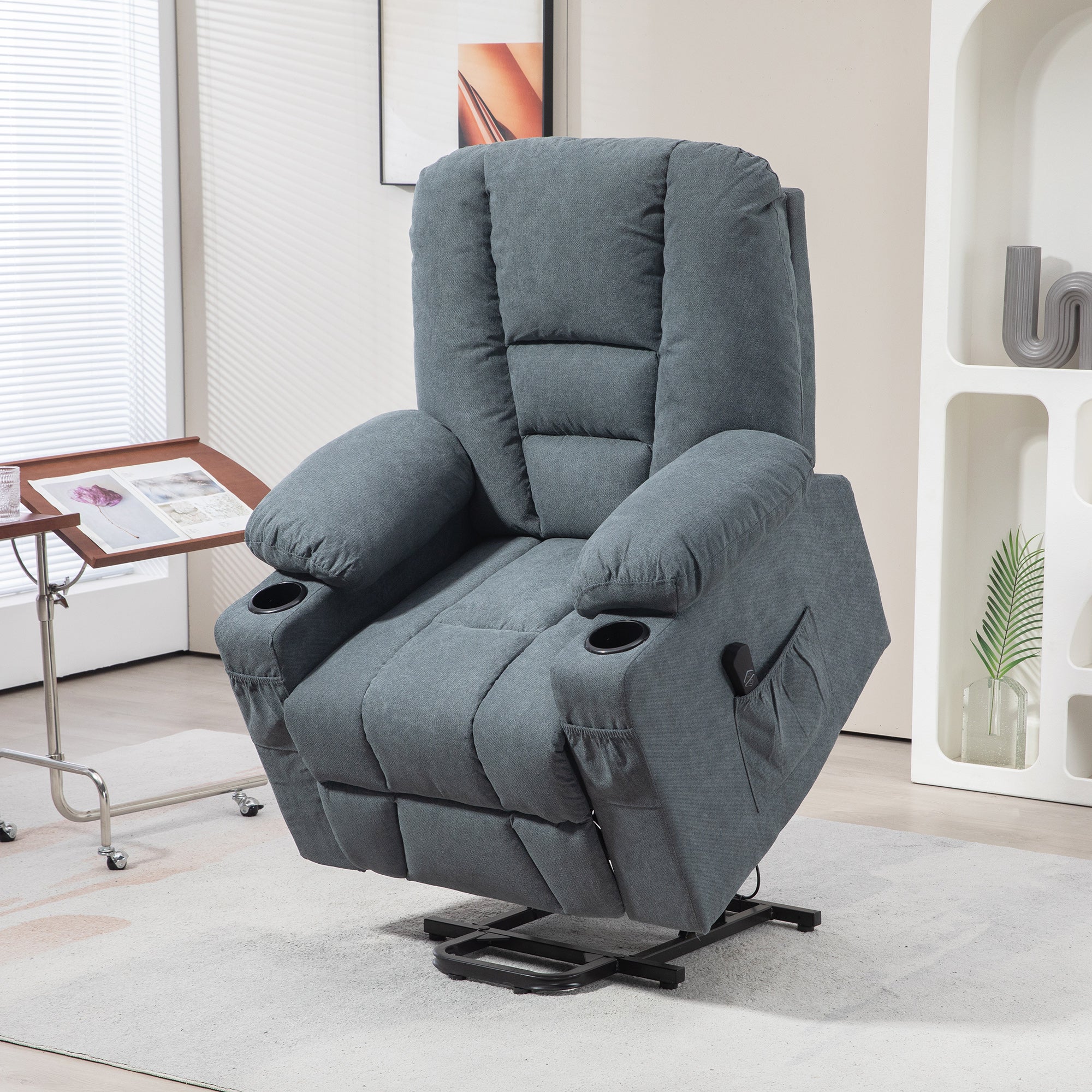 Oversized Power Lift Riser Recliner Chair with Cup Holders – Grey Linen Look