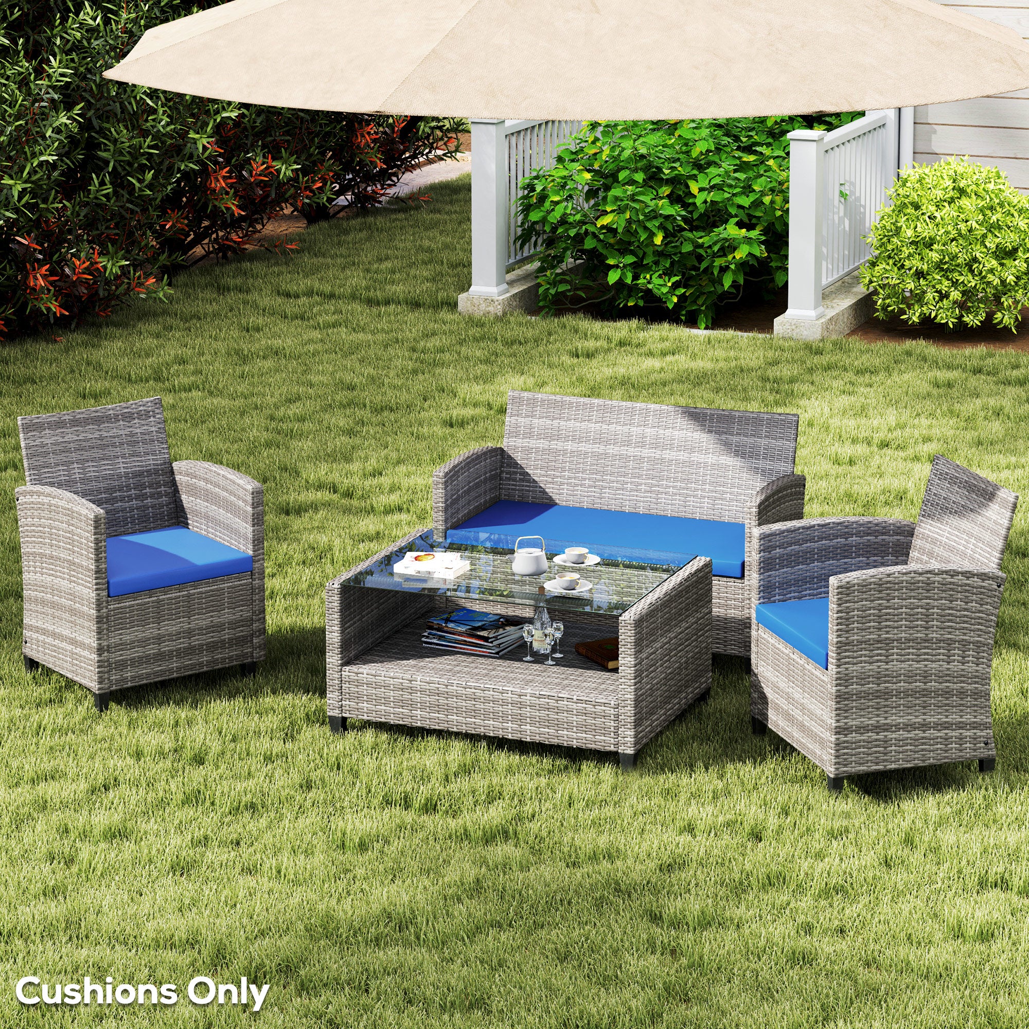 3 Piece Rattan Outdoor Seat Cushion Set with 2 Single & 1 Double Cushion - Sky Blue