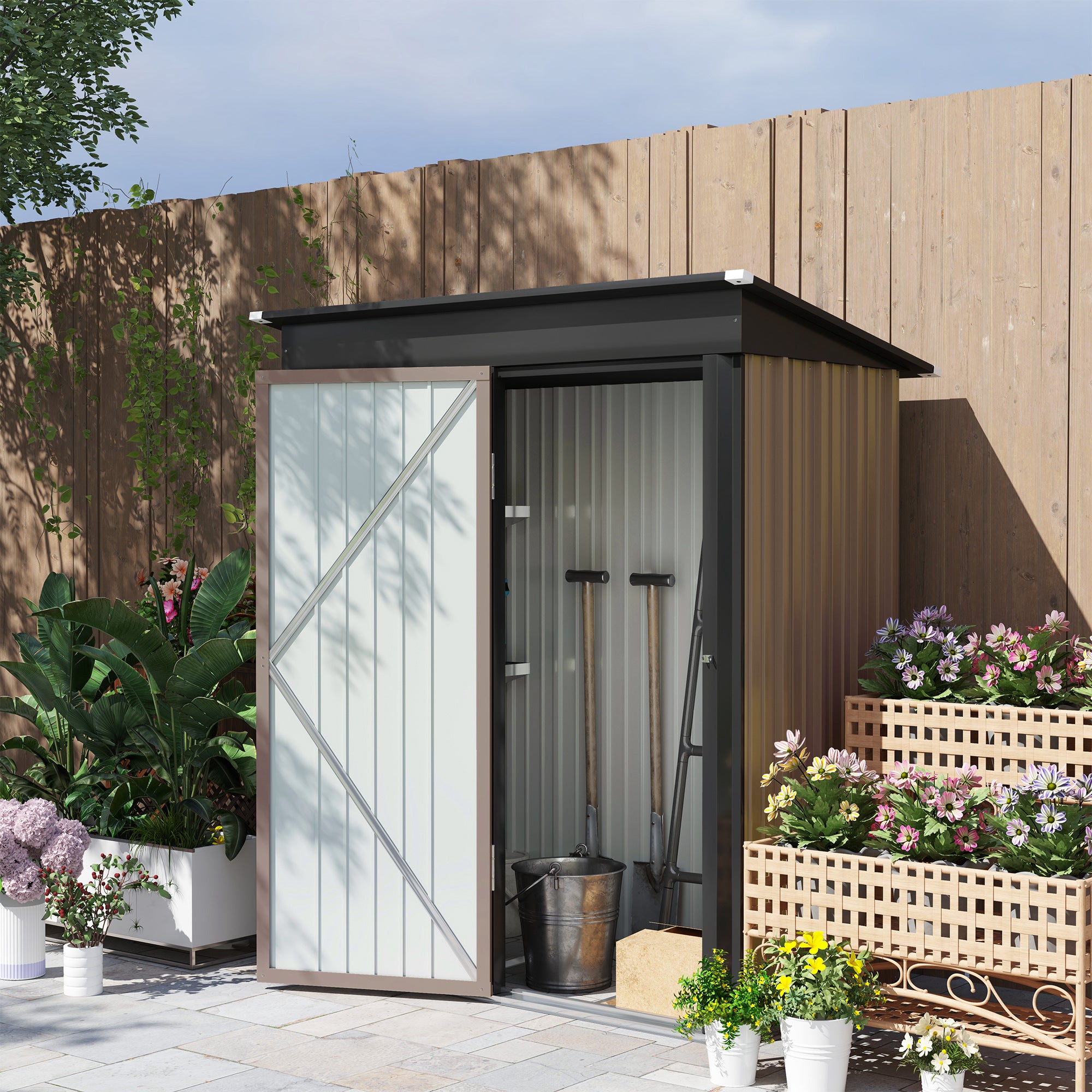 5x3ft Corrugated Steel Lean-To Storage Shed with Lock - Brown