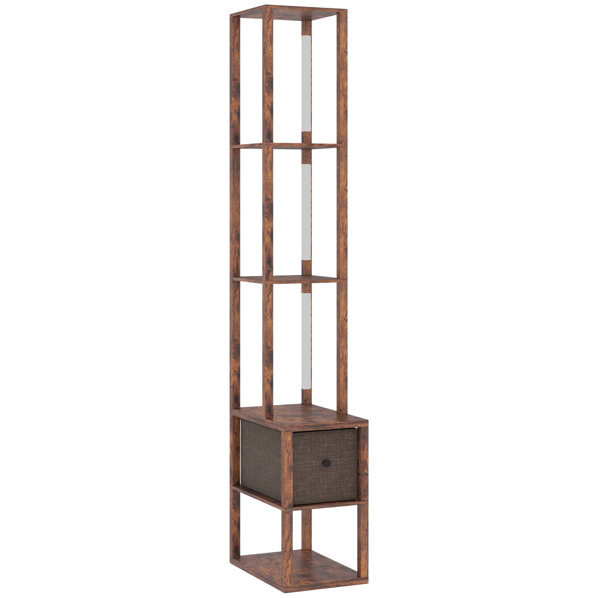 Floor Lamp with Shelves, LED Column Modern Standing Lamp with Fabric Drawer, Adjustable Brightness, Foot Switch for Living Room, Bedroom, Office, Rustic Brown