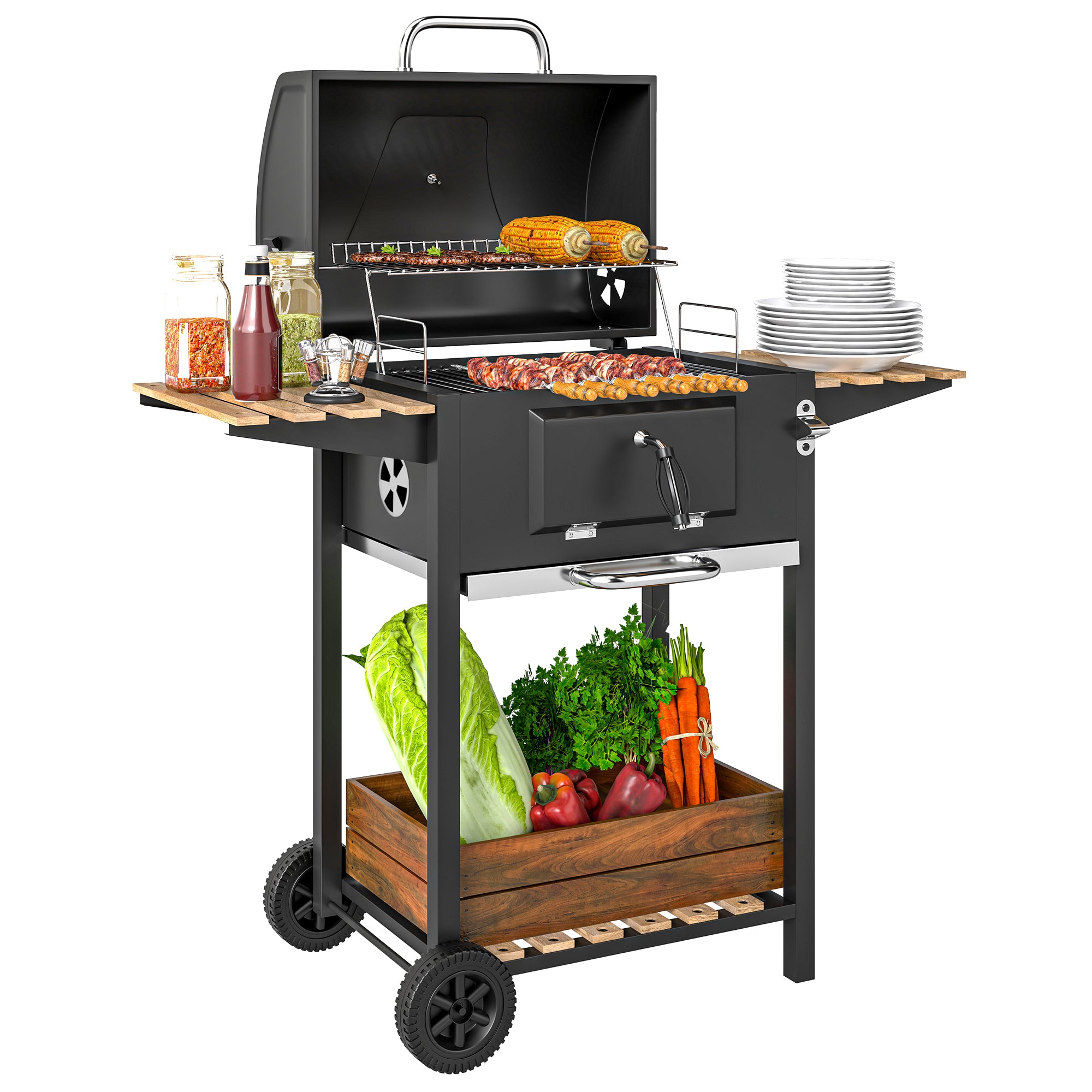 Portable Charcoal BBQ Grill with Adjustable Pan and Temperature Gauge - Black