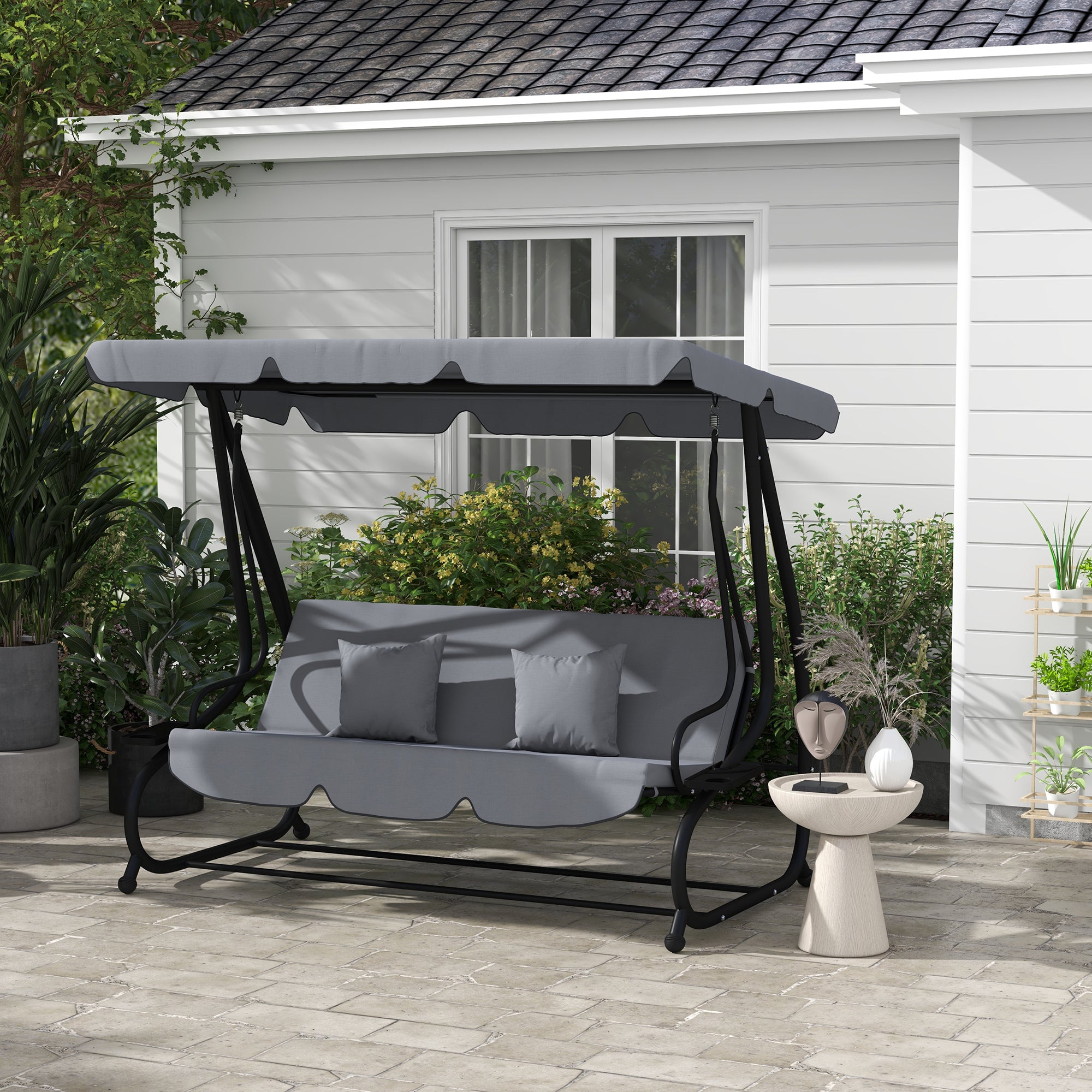Three-Person garden Swing Chair, with Adjustable Canopy - Dark Grey