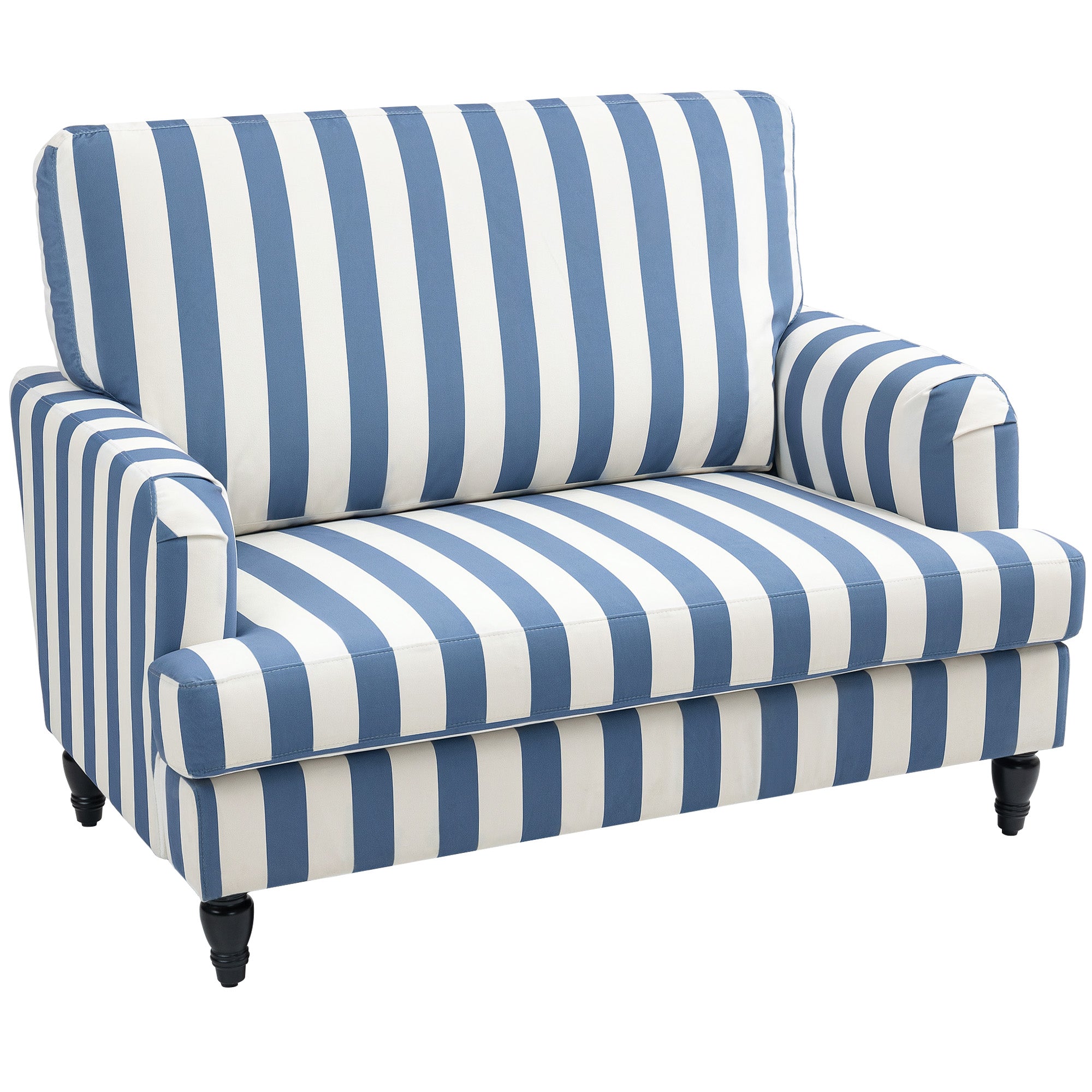 Modern Accent Chair, Velvet Armchair with Stripe, Turned Legs and Wide Seat, Upholstered Snuggle Chair for Living Room, Bedroom, Blue and White