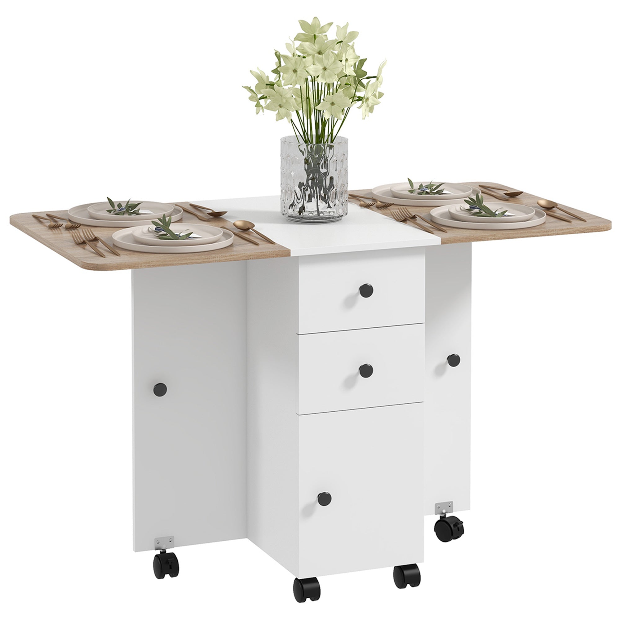 Multi-Storage Six-Person Drop Leaf Dining Table with Wheels and Storage - Oak and White