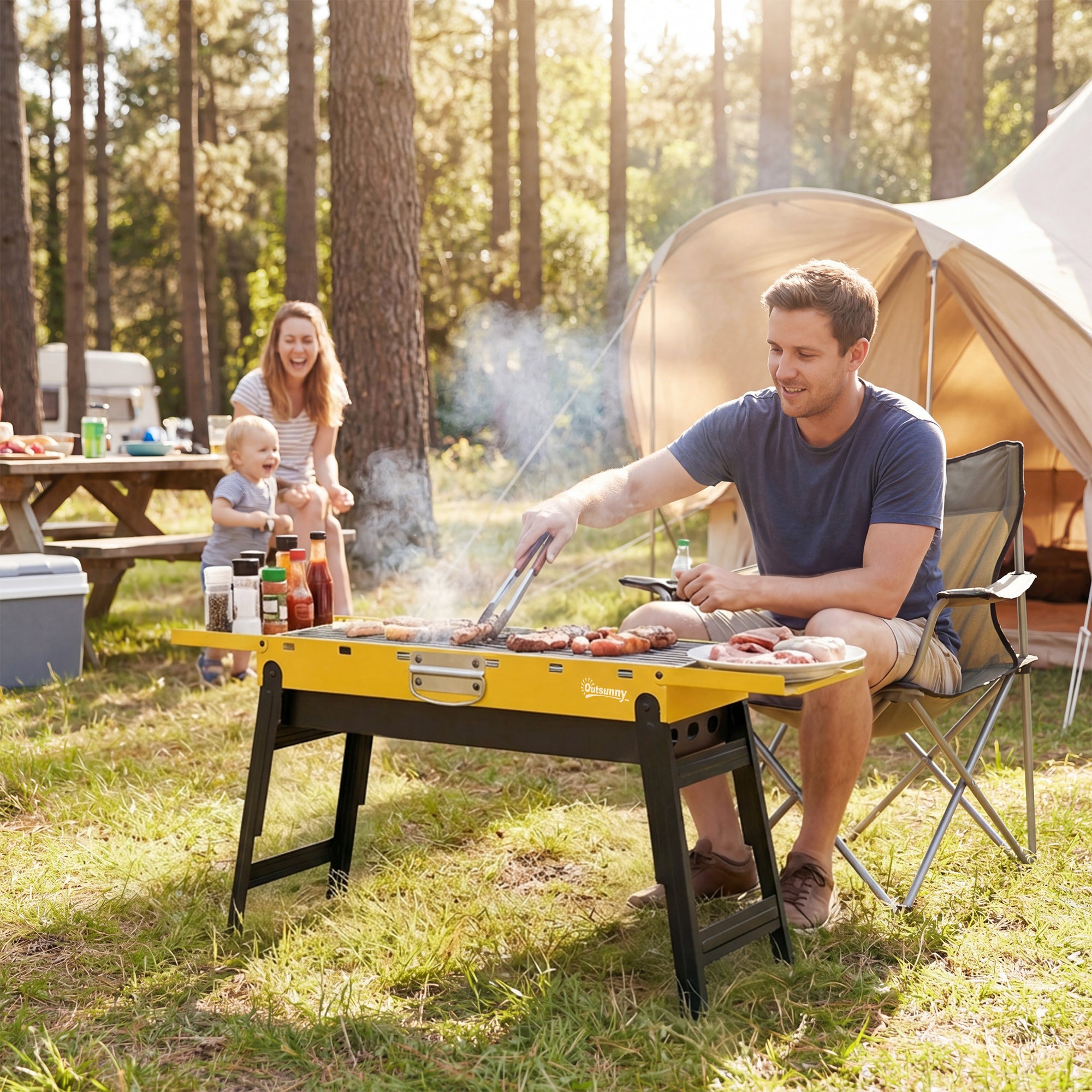Portable BBQ Grill, Foldable Charcoal Grill for Camping and Picnics with 2 Side Shelves and Handle, Yellow