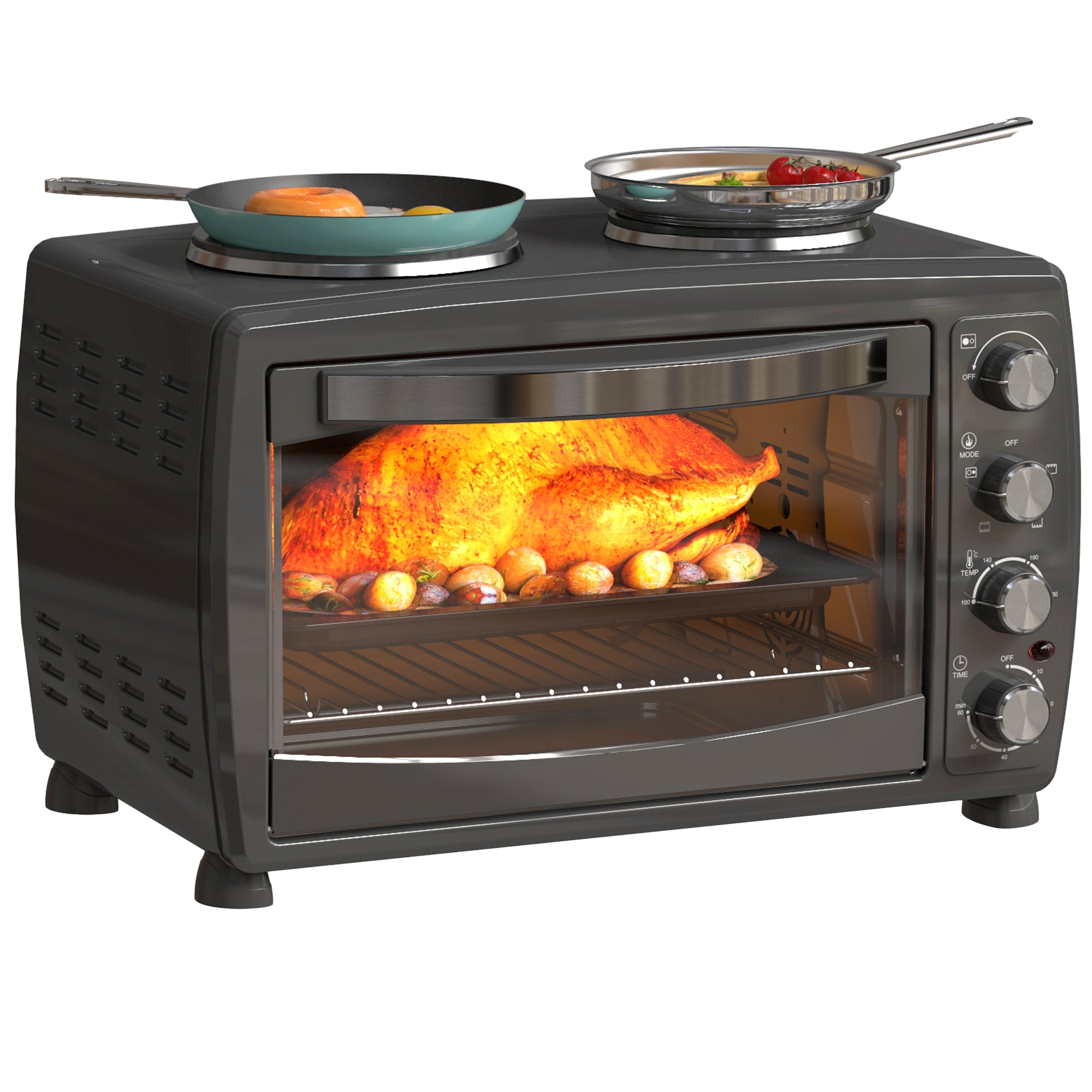 36L Electric Toaster Oven with 2 Hot Plates, Grill, Roast, Bake, Timer, Adjustable Temperature - Black