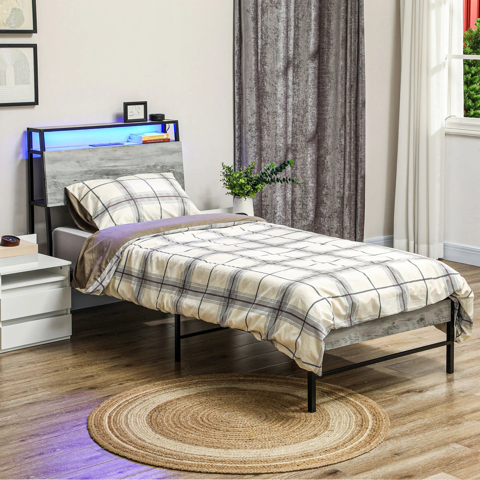 Single Steel Bed Frame with LED Lights and Headboard Shelf - Grey
