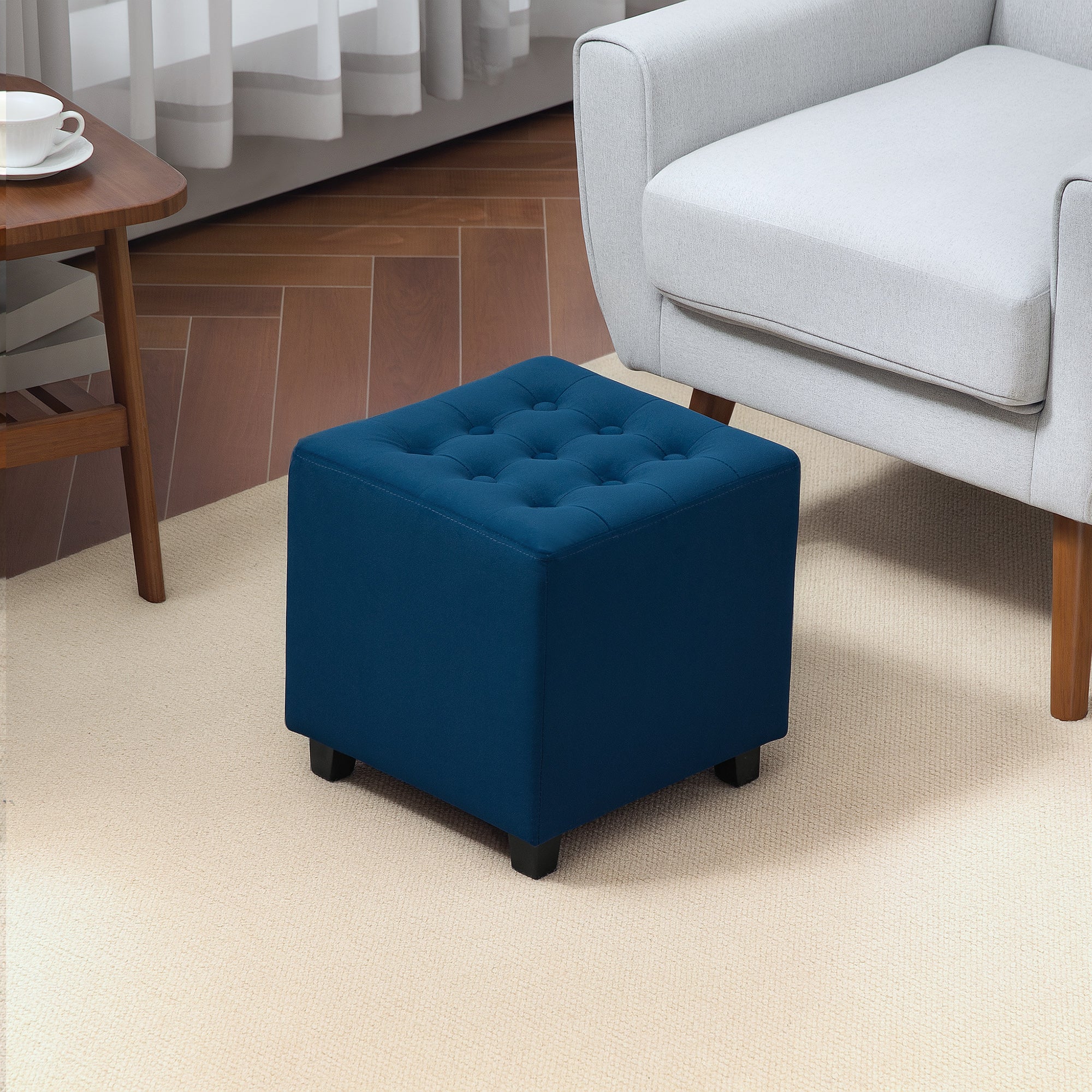 Velvet-Feel Square Ottoman 35x35cm with Button Tufting - Blue