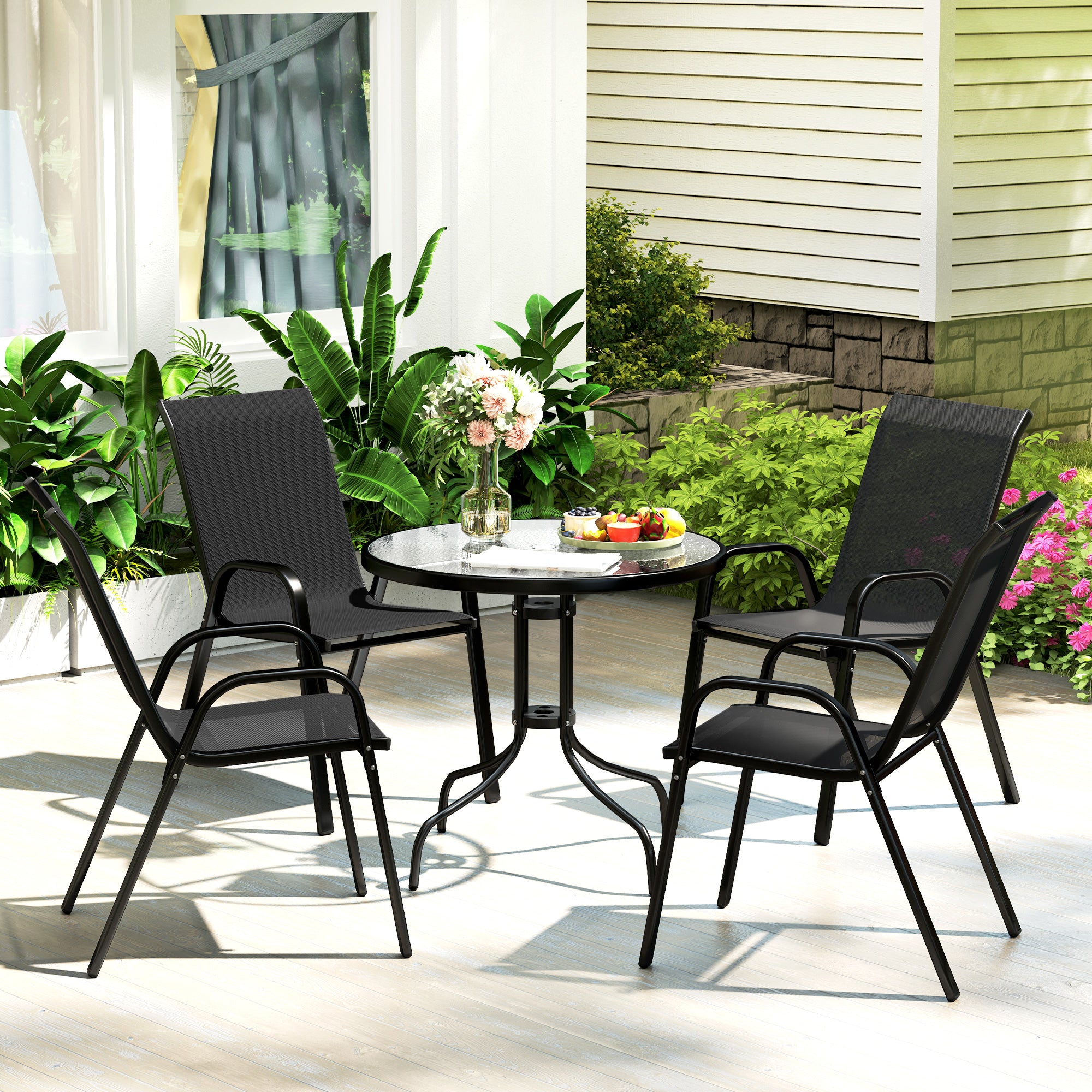 Five-Piece Steel Patio Set with Glass-Top Table - Black