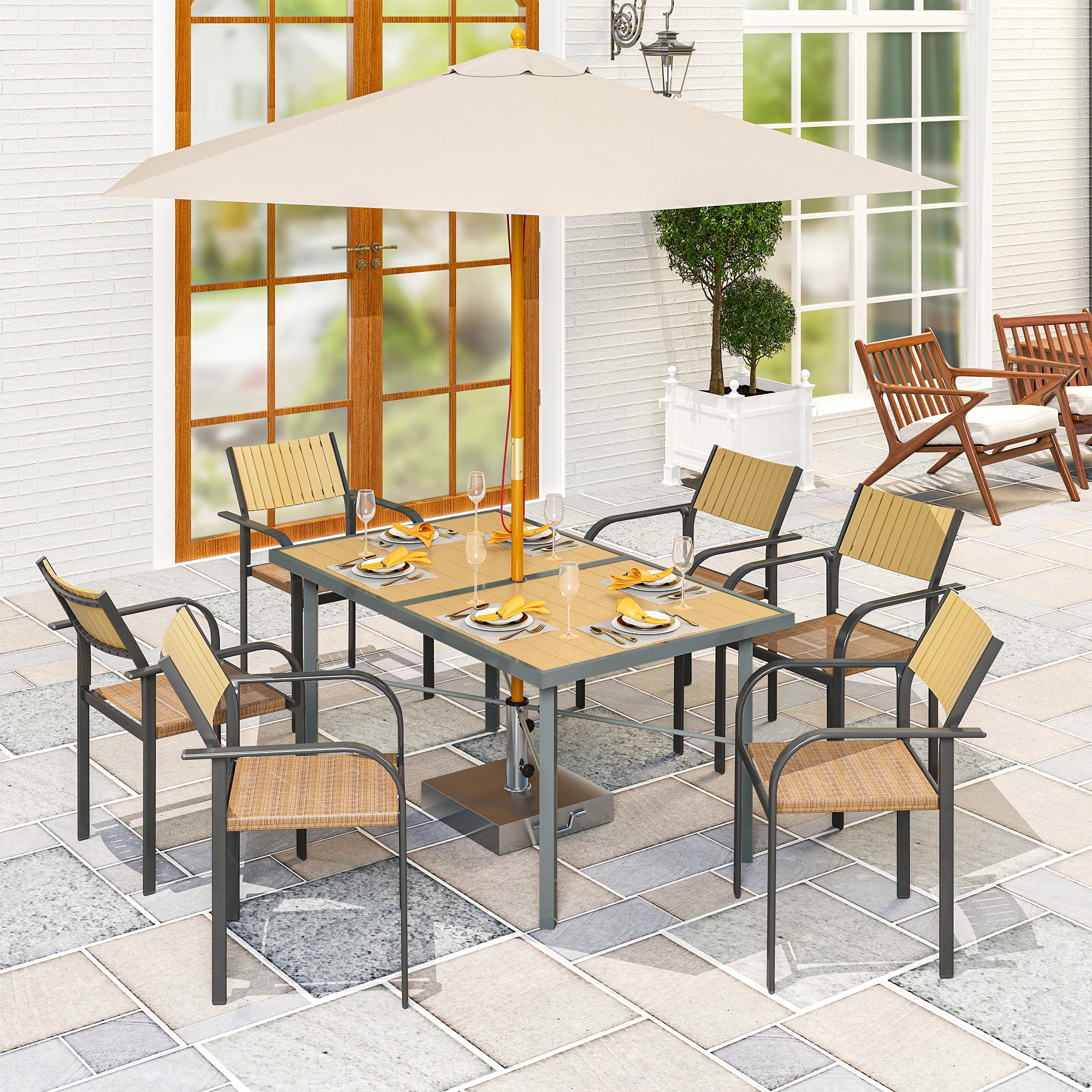 6 Seater Garden Dining Table with Wood Effect Top & Umbrella Hole - Natural Wood Finish