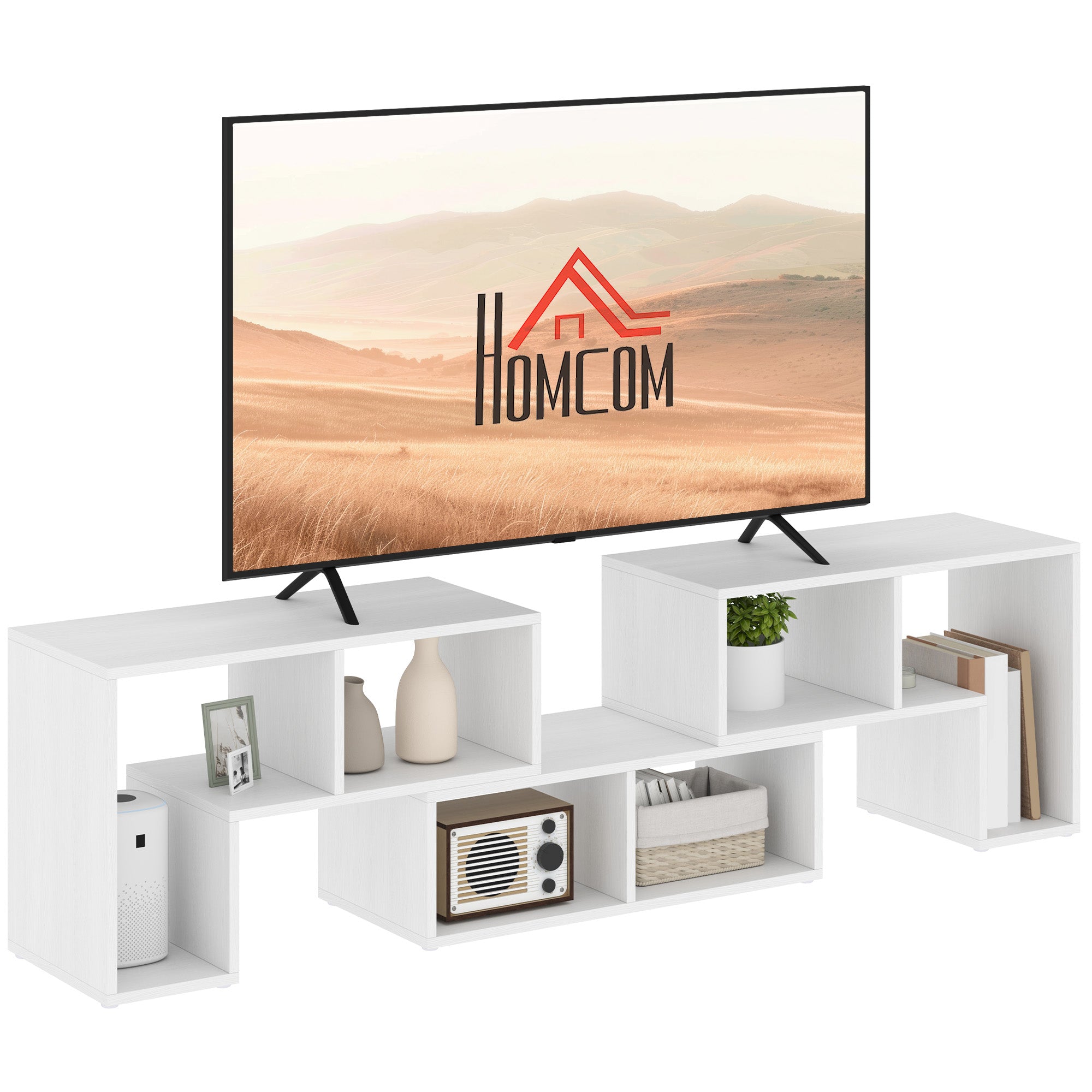 Extendable TV Stand for TVs up to 75 Inches with Storage Shelves - White Wood Grain