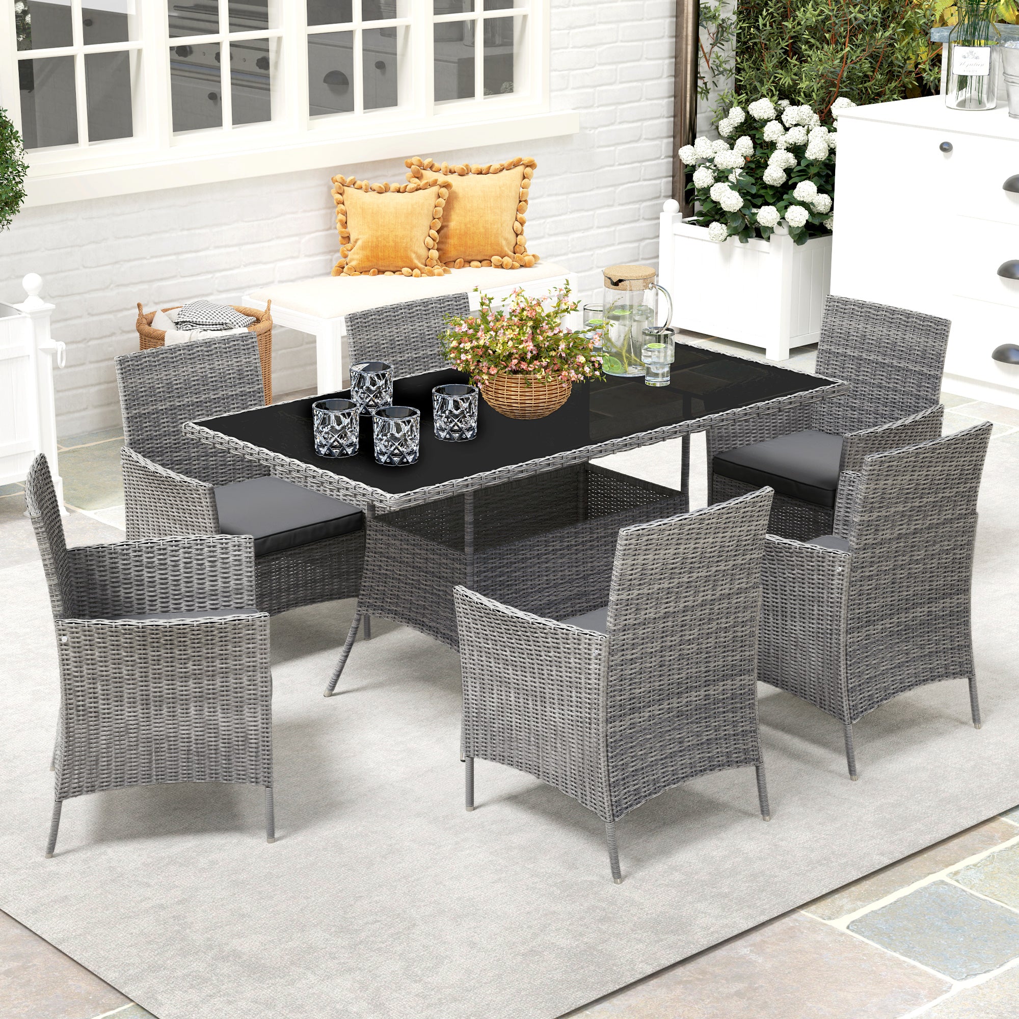 7-Piece 6-Seater Rattan Garden Dining Set with Cushions and Rectangular Glass Table - Charcoal Grey