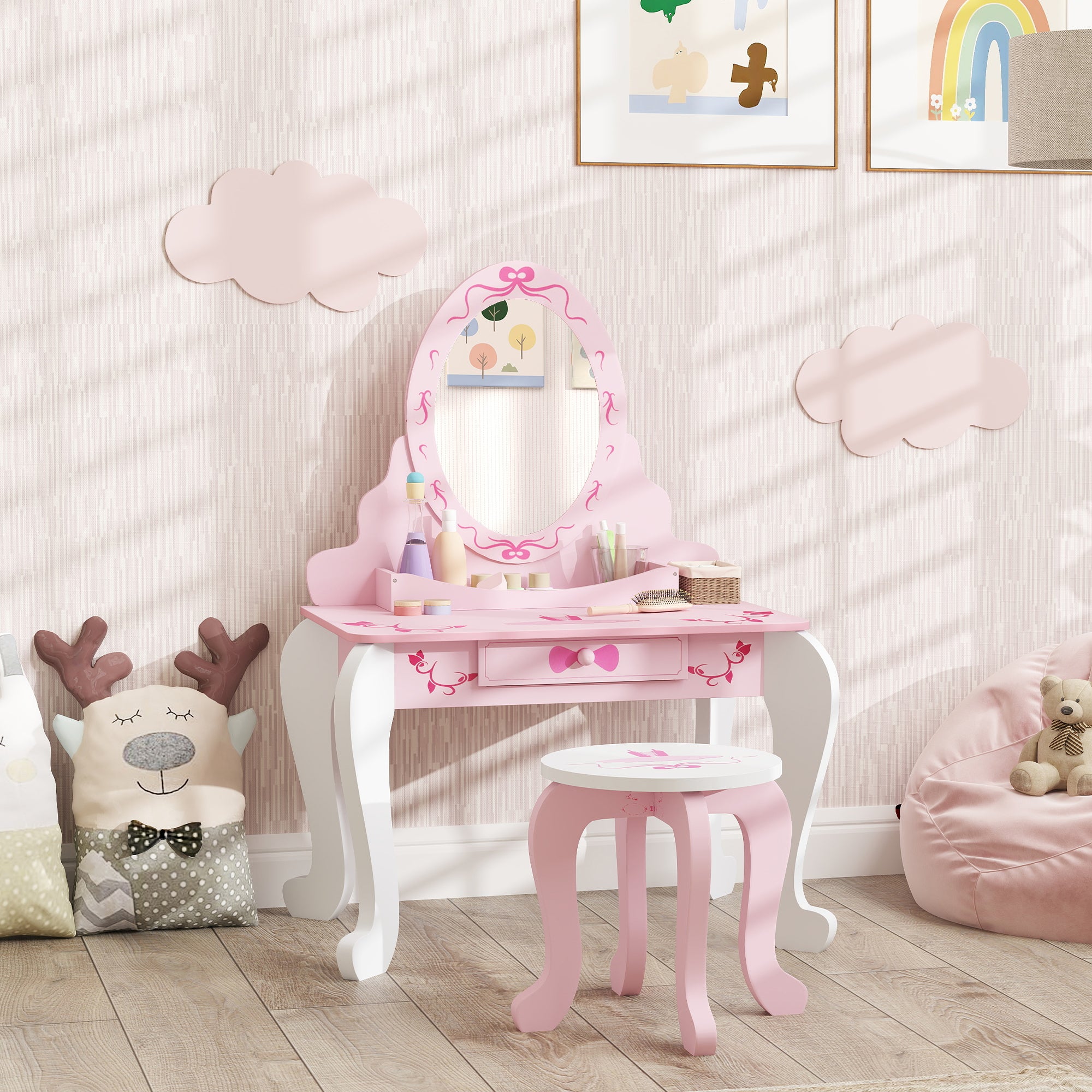 Kids Dressing Table Set with Stool and Mirror Pink Ballet Theme