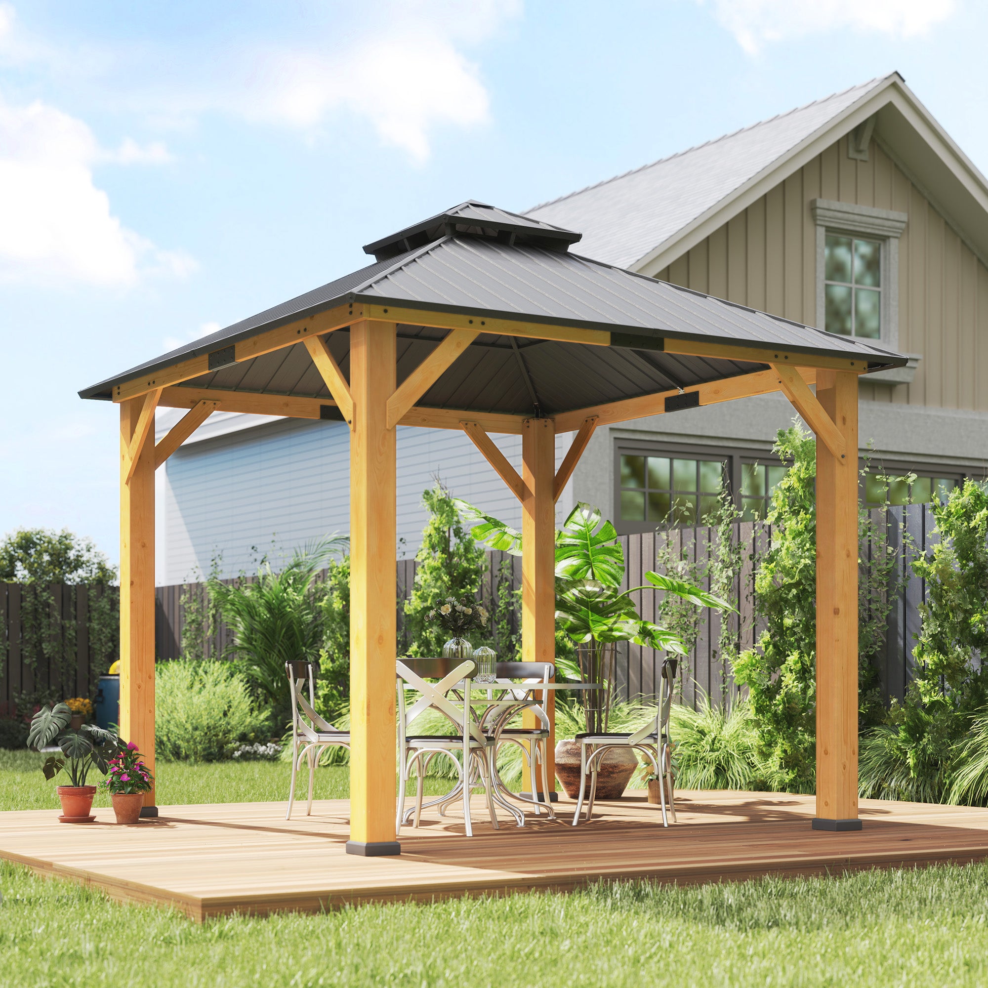 3x3M Outdoor Hardtop Gazebo Canopy with 2-Tier Roof and Solid Wood Frame - Grey