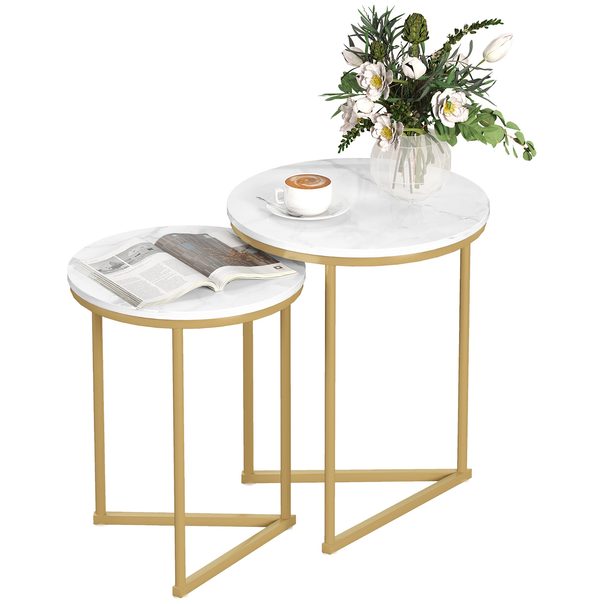 Set of Two Marble-Effect Nest of Tables - White/Gold-Tone