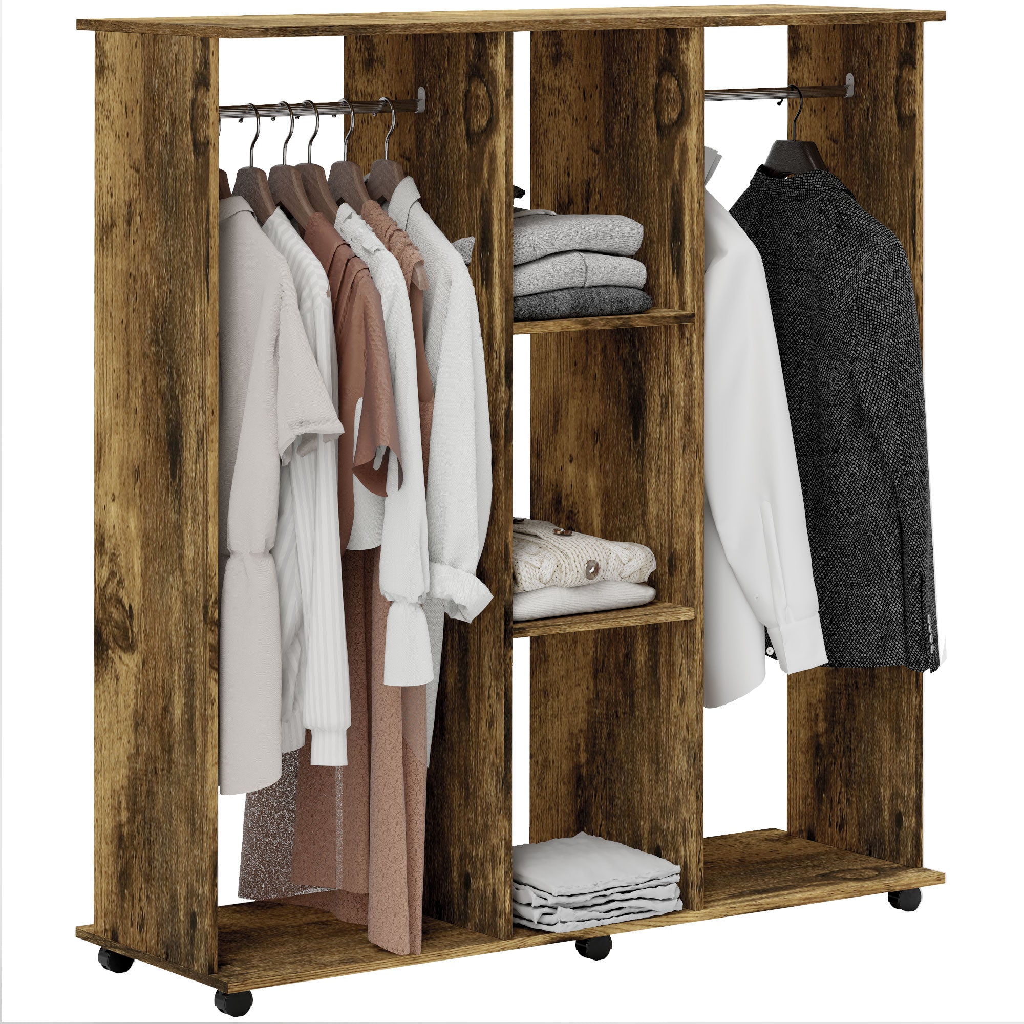 Open Wardrobe Double Mobile Storage Shelves Organizer with 6 Wheels - Rustic Brown