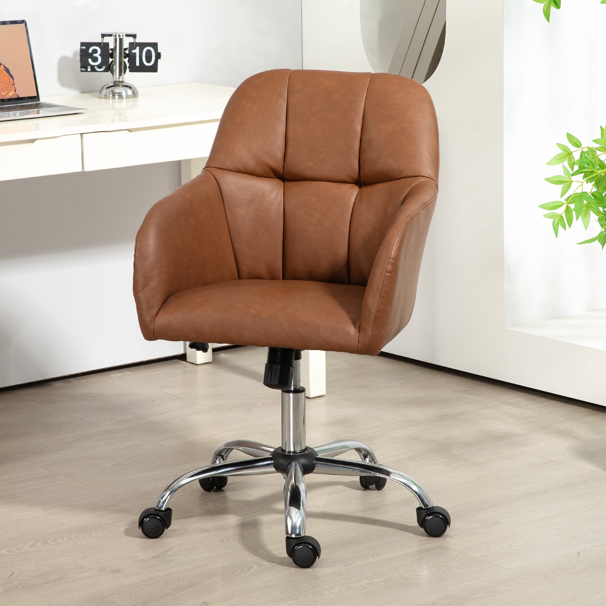 Faux Leather Tub Office Chair with Wheels Adjustable Height and Tilt - Brown