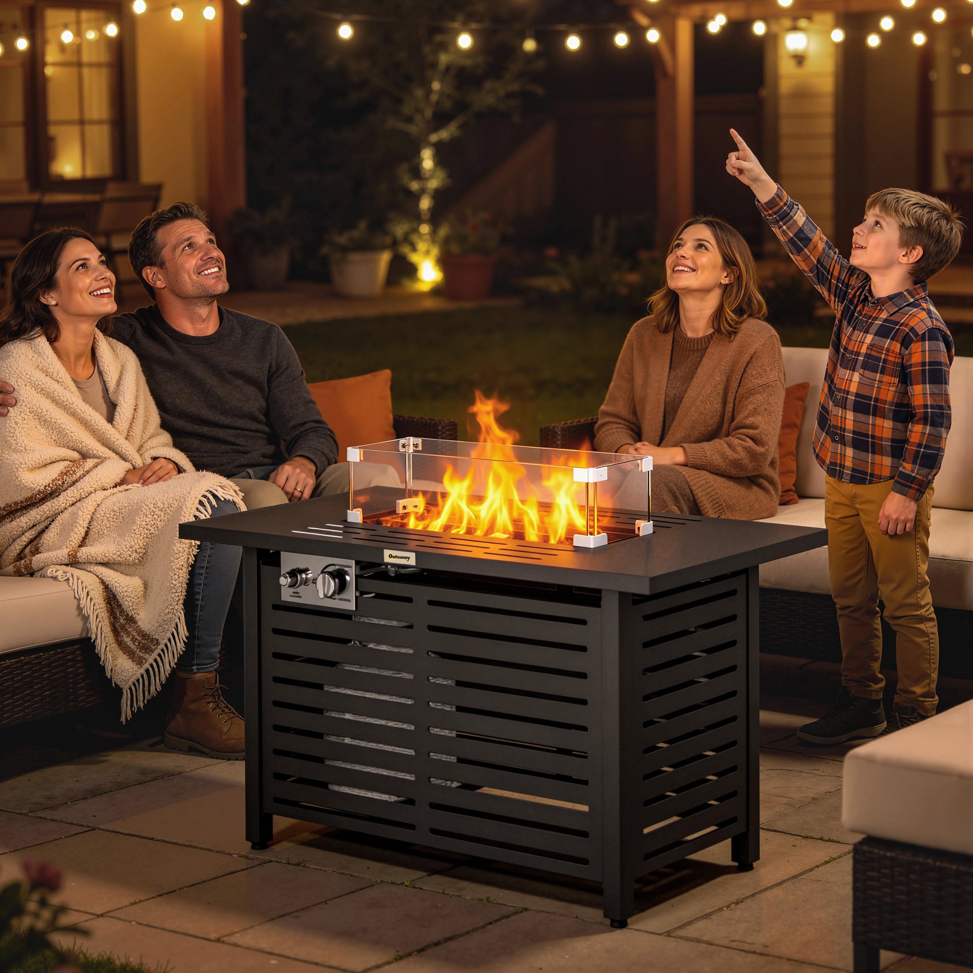 Propane Gas Fire Pit Table, Outdoor Firepit with 43" Steel Tabletop and Lid, 50,000 BTU Pulse Ignition Fire Table w/ Stainless Steel Burner, Glass Wind Guard, and Cover