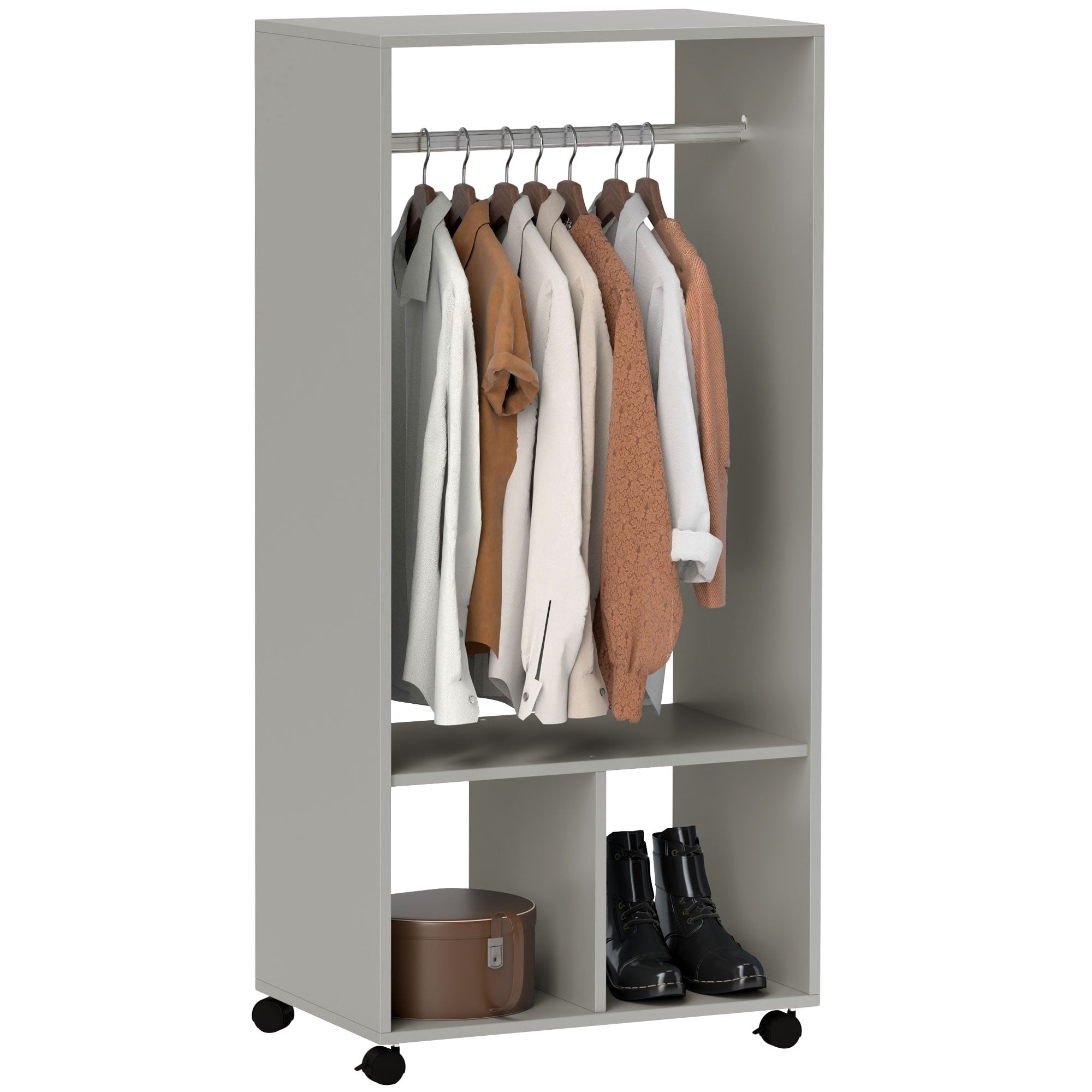 Open Wardrobe on Wheels with Clothes Hanging Rail and Storage Shelves - Grey