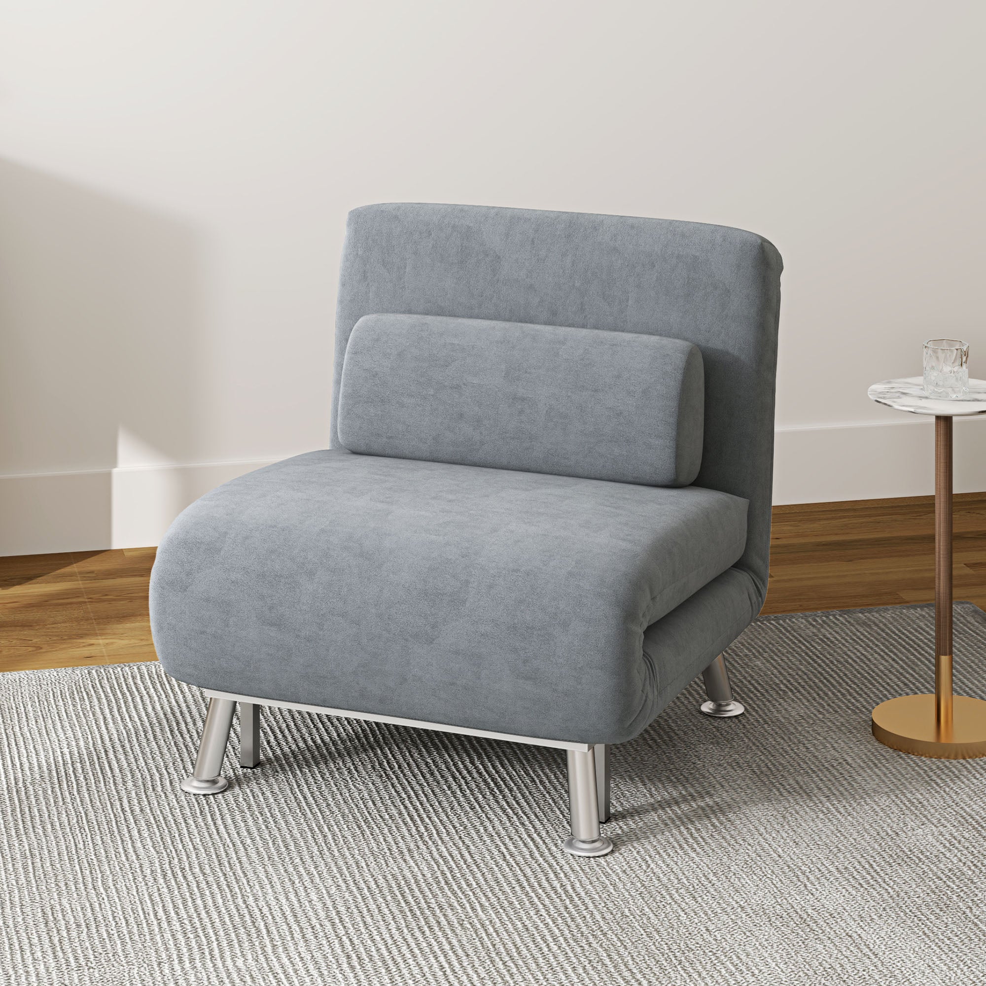 Single Velvet-Feel 3-in-1 Sleeper Chair with Adjustable Backrest - Grey