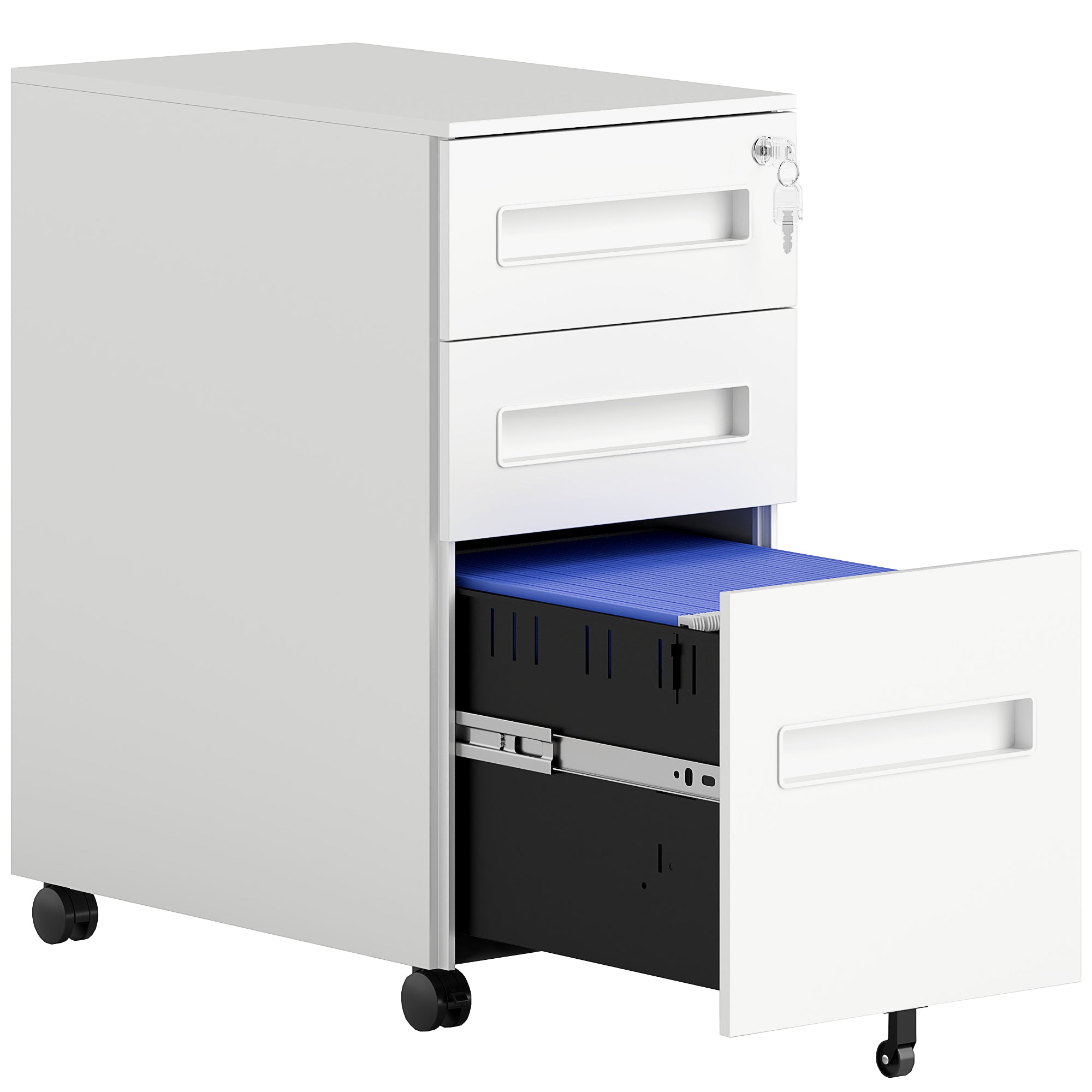 Lockable Metal Mobile 3-Drawer File Cabinet with Wheels for A4, Legal, Letter - White