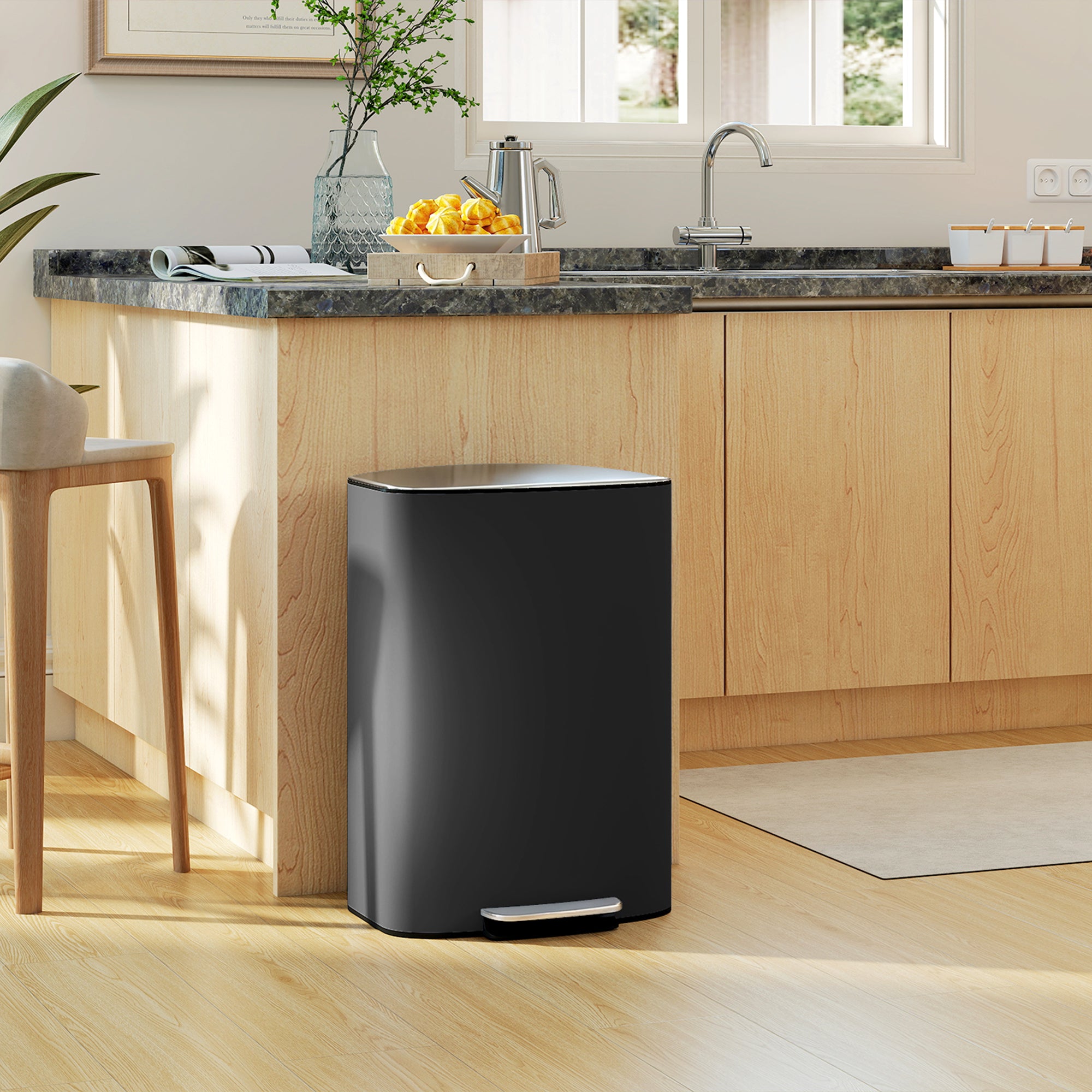 50L Kitchen Bin with Soft-Close Lid and Stay-Open Function, Stainless Steel Pedal Bin with Removable Inner Bucket, Carry Handle for Kitchen, Office, Home, Black
