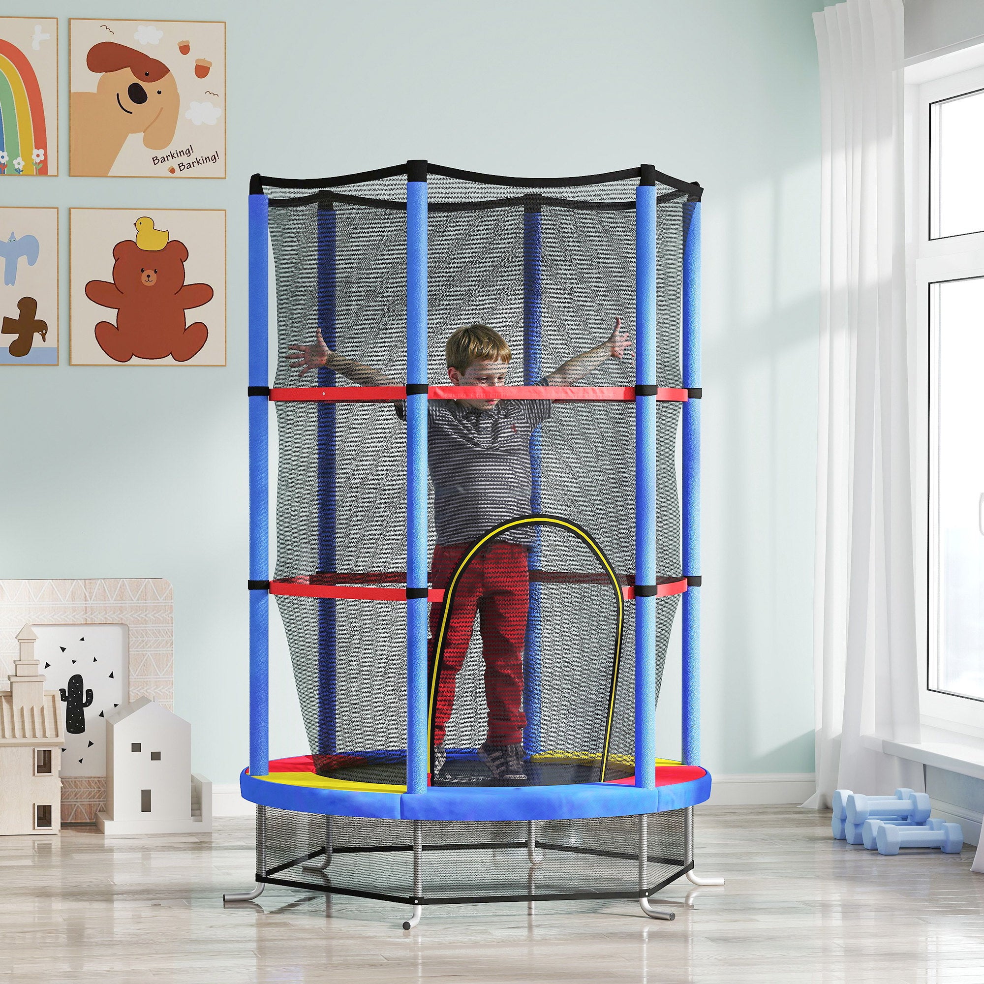 Kids Trampoline with Enclosure Net and Steel Frame for Ages 3-6 Years - Multicoloured