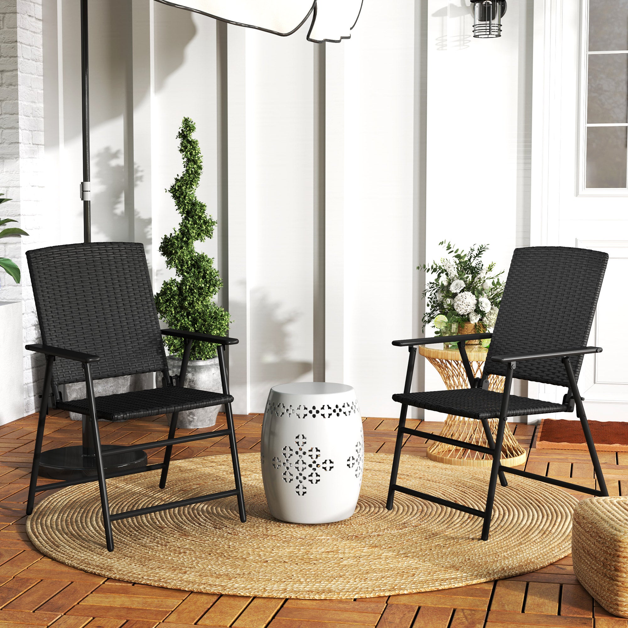 Set of 2 Folding Rattan Seat Chairs with Steel Frame - Black