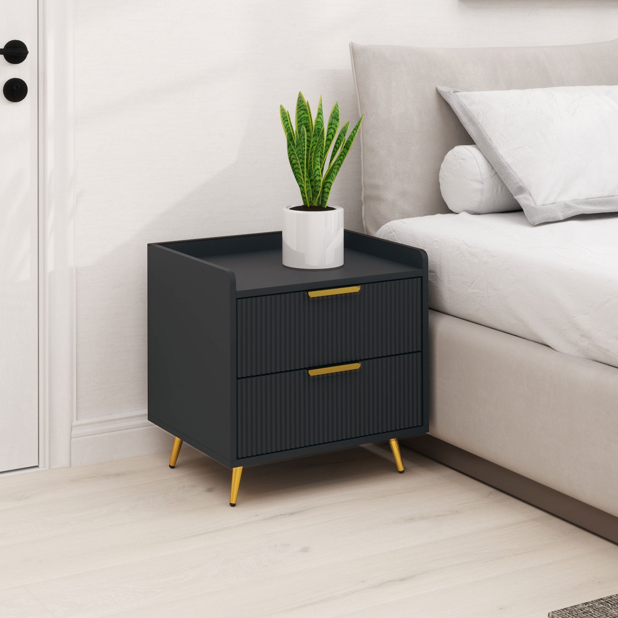 Elegant Two-Drawer Bedside Table with Gold Handles - Black