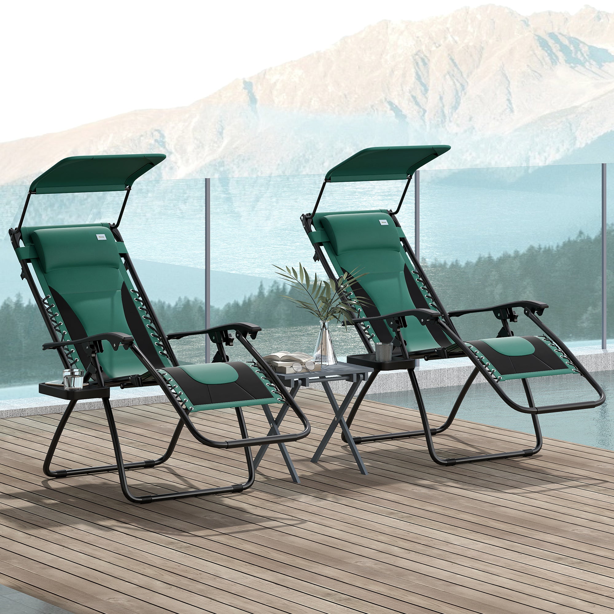 Set of 2 Zero Gravity Lounger Chairs with Padded Seat, Tray & Shade Cover - Green