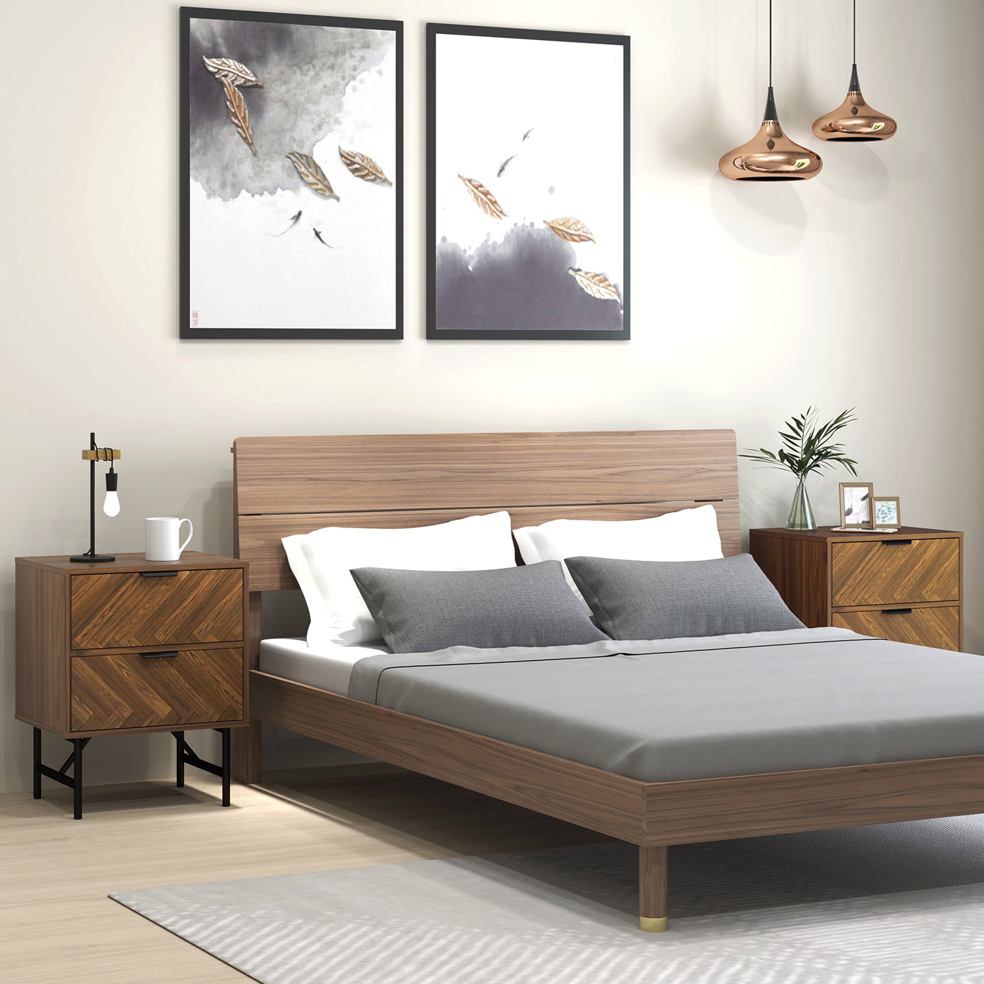 Bedside Table Set of 2 with 2 Drawers, Modern Side Tables with Herringbone Pattern and Metal Legs for Bedroom, Living Room, Walnut Brown