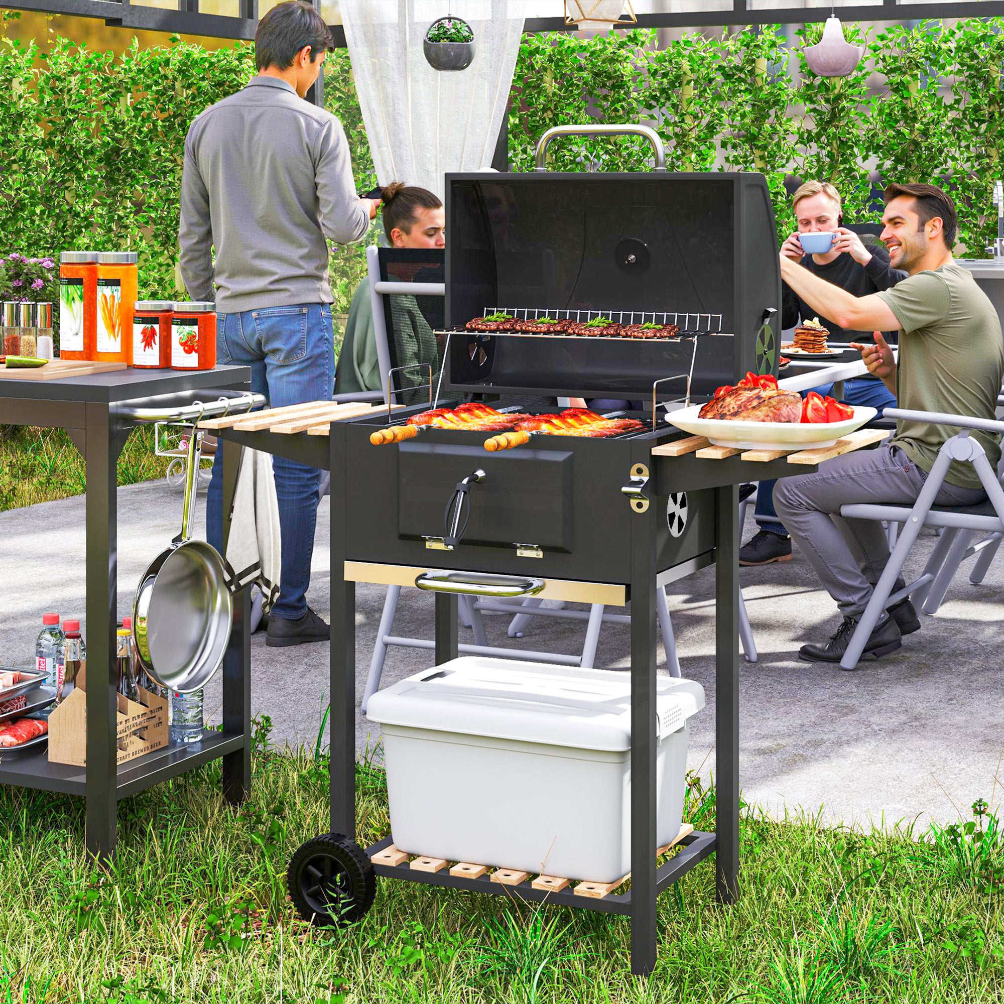 Portable Charcoal BBQ Grill with Adjustable Pan and Temperature Gauge - Black