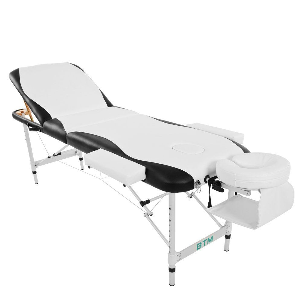 Portable Aluminium Massage Table, 3-Section Foldable Couch Bed with Adjustable Headrest, Arm Support, and Carrying Bag, White