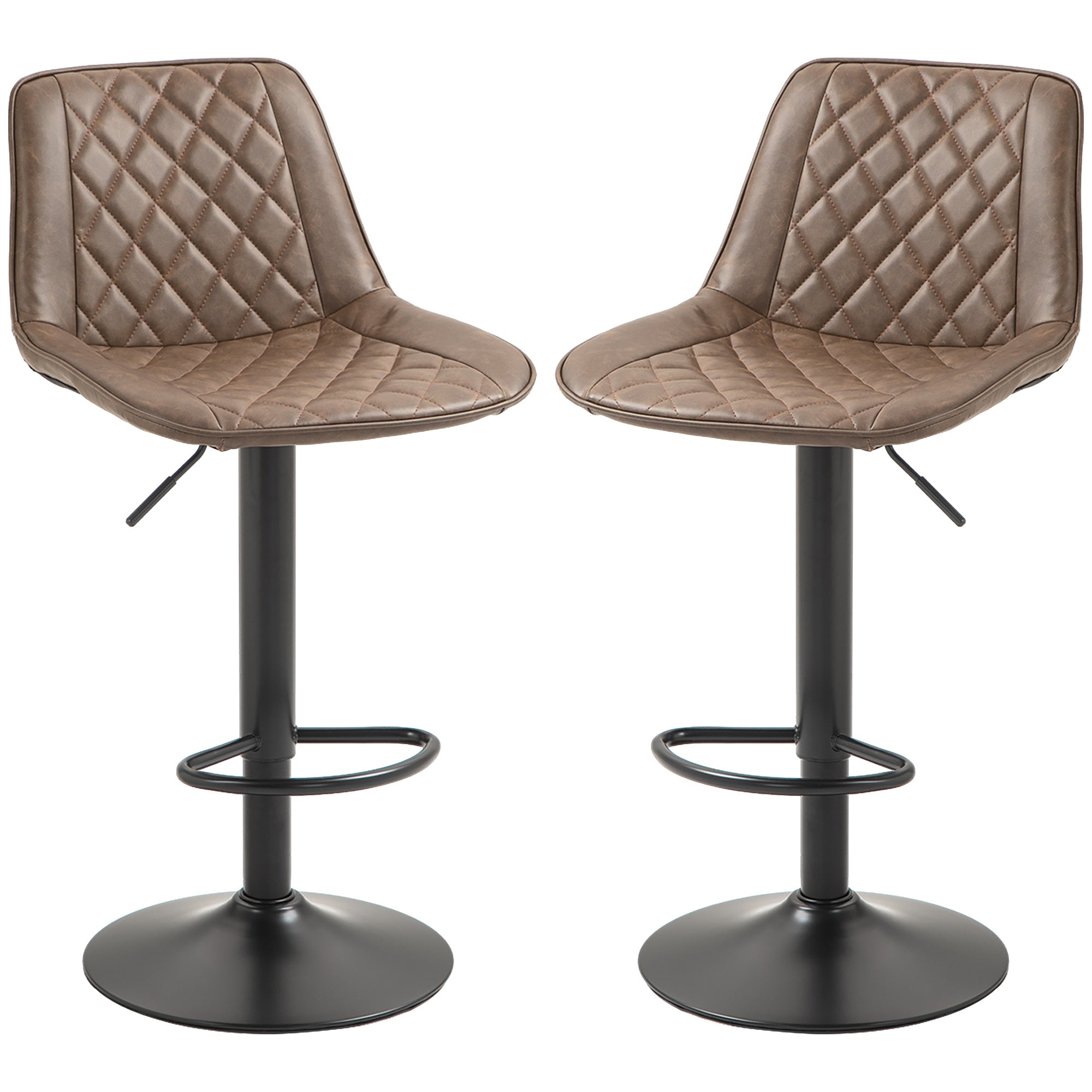 Bar Stools Set of 2, Retro Adjustable Kitchen Stool, Swivel PU Leather Upholstered Bar Chairs with Back, Footrest and Steel Base, Brown