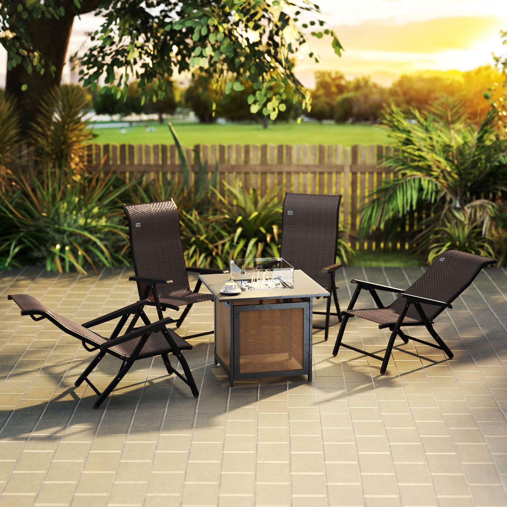 Set of Four Folding Garden Chairs, with Seven-Position Adjustable Backs, Dark Brown