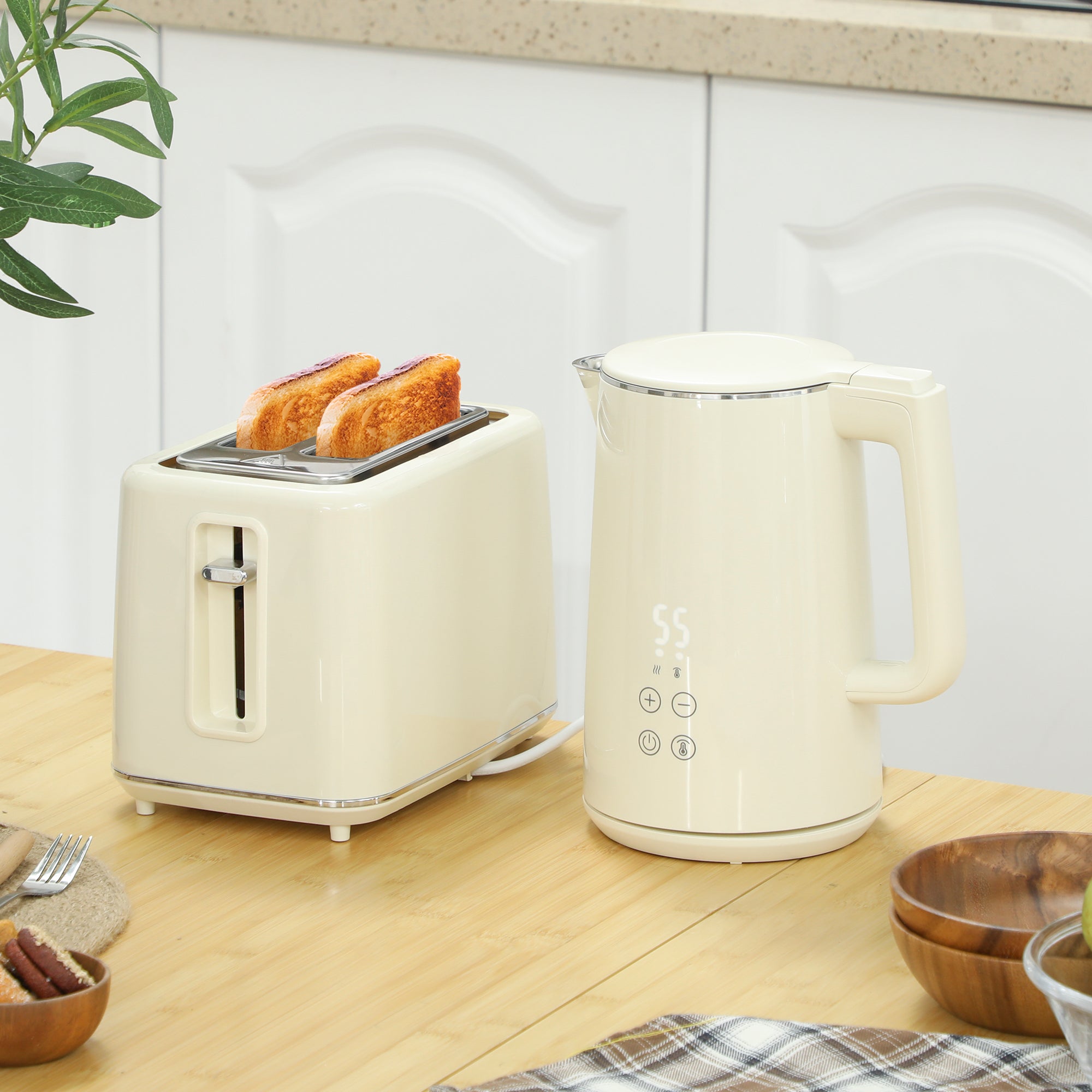 Digital Stainless Steel Kettle and Toaster Set, 1.5L 3000W Fast Boil Kettle, 2 Slice Toaster with 7 Level Browning Controls, Defrost, Reheat, Keep Warm, Crumb Tray and LED Touch Display, Beige