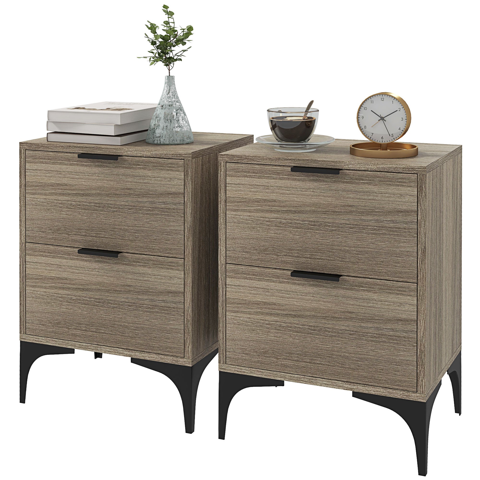 Set of Two Wood Effect Bedside Tables with Drawers - Grey