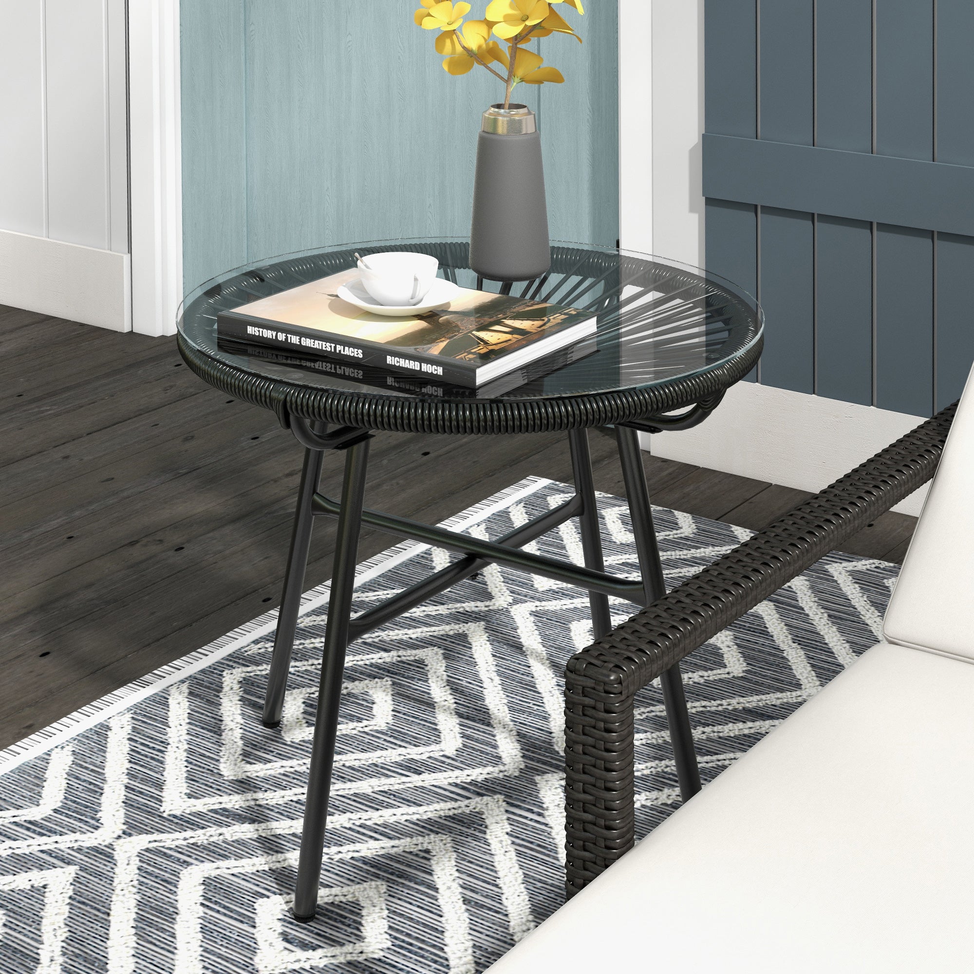 Round Rattan Side Table with Tempered Glass Top for Outdoor Patio Garden Balcony - Black