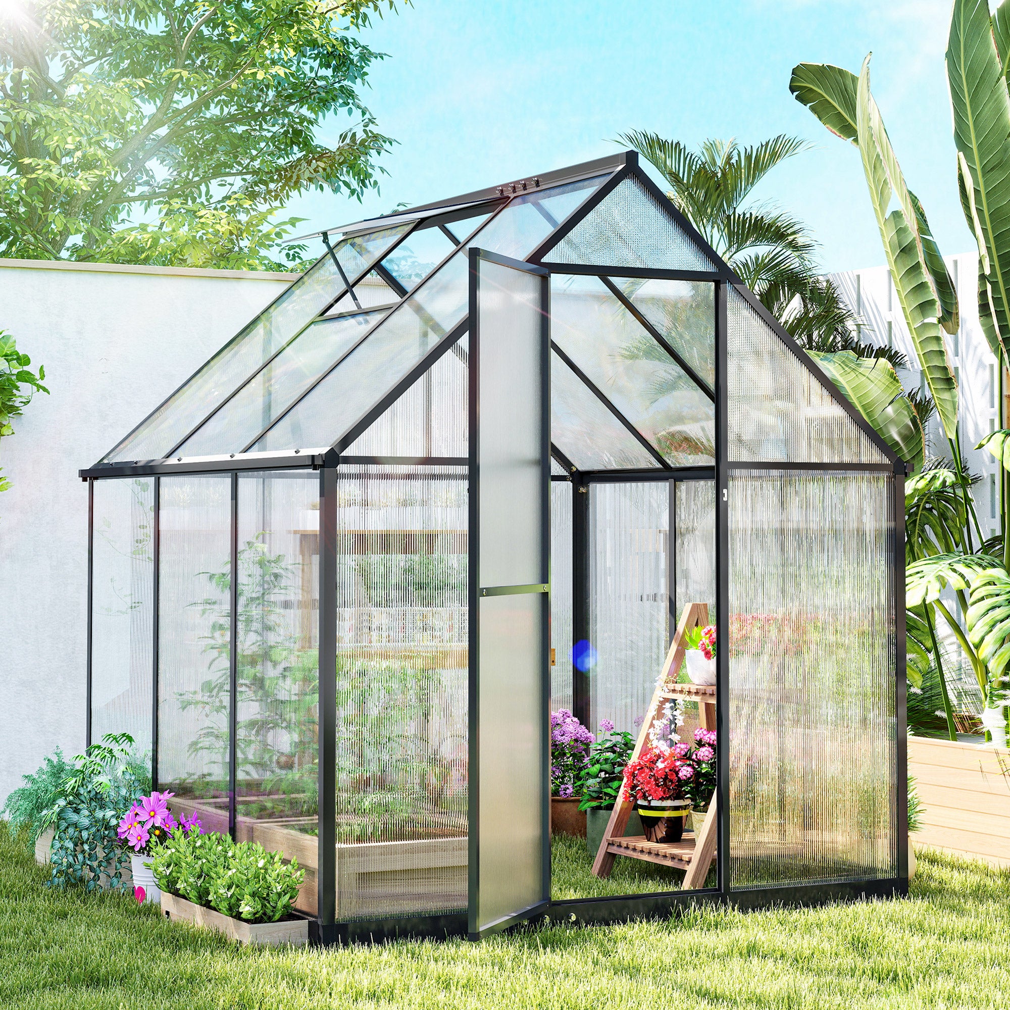 Polycarbonate Greenhouse with Swing Door and Adjustable Window, Walk-in Greenhouse with Rain Gutter, 5.5 x 6ft, Black
