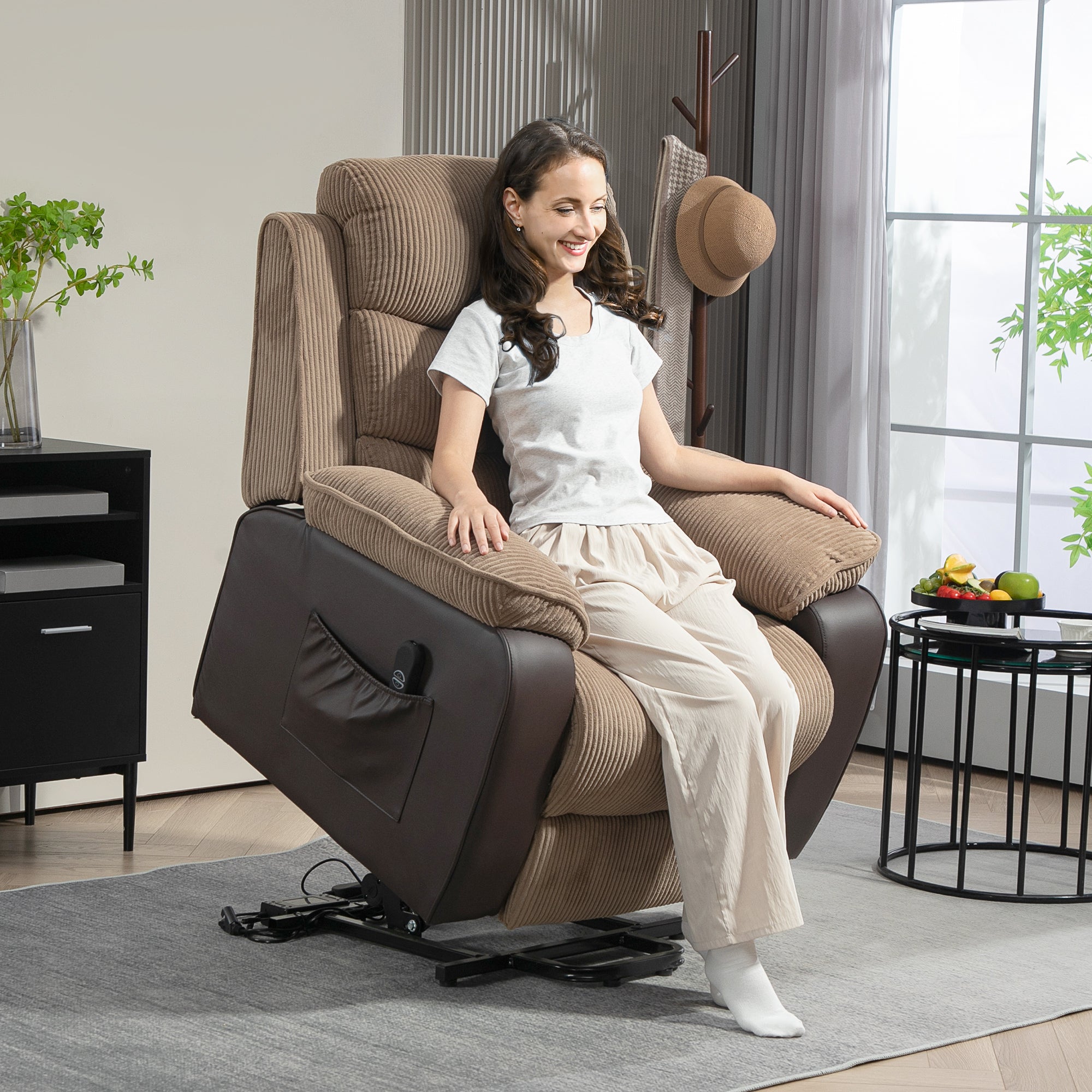 Electric Riser Recliner Chair with USB Port – Brown Patchwork Corduroy