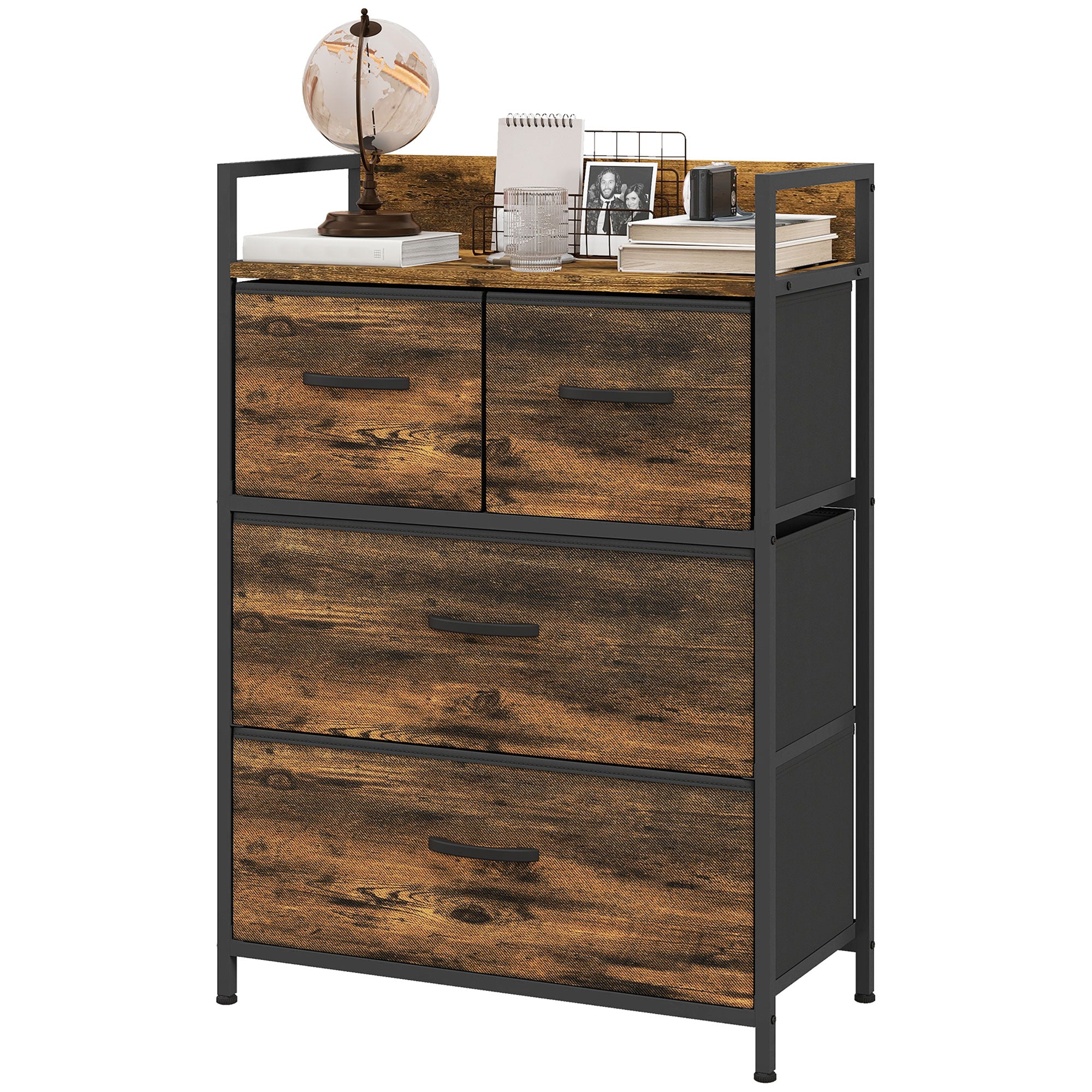 Rustic Chest of Four Fabric Drawers with Steel Frame - Rustic Brown