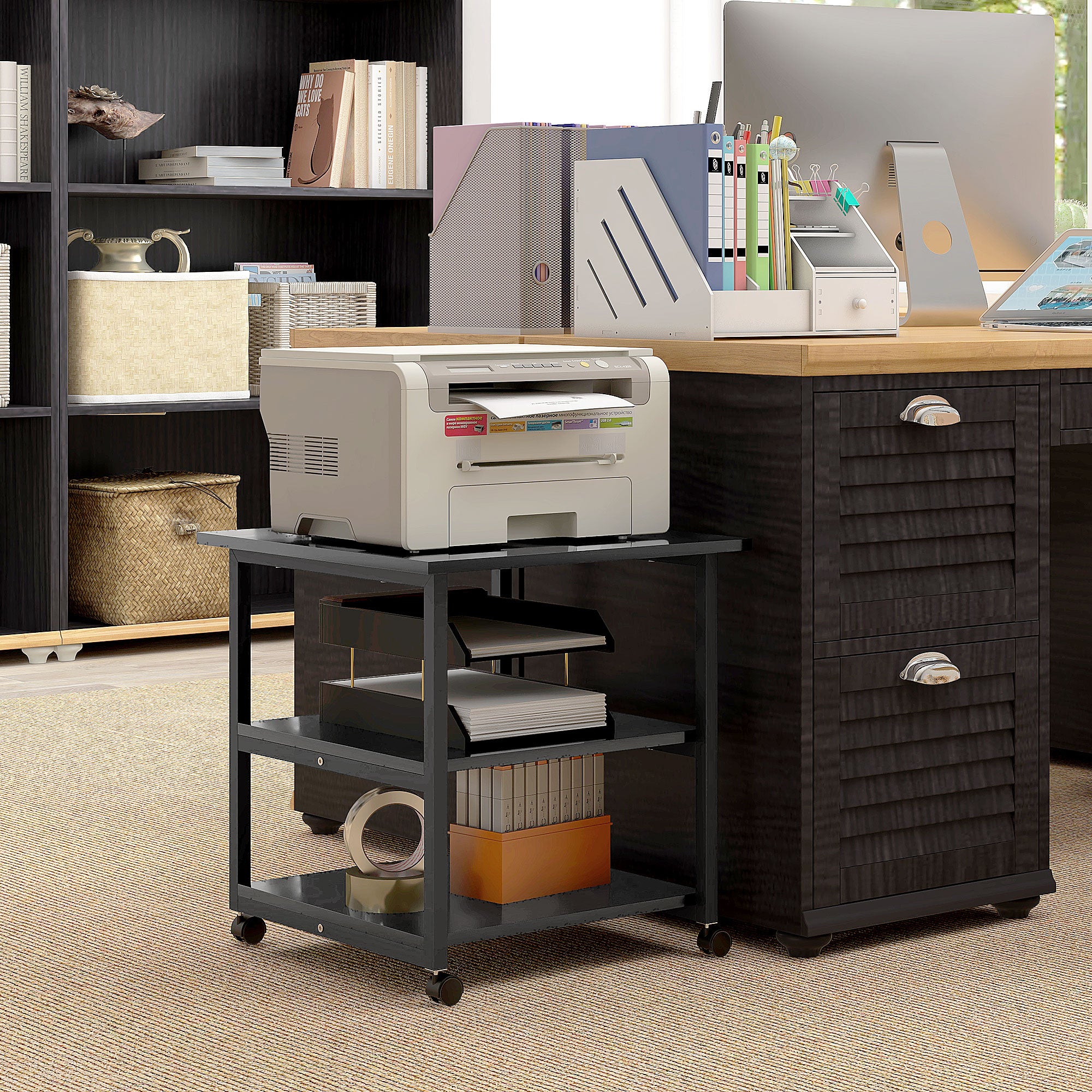 Three-Tier Steel Printer Stand with Wheels for Office Storage - Black